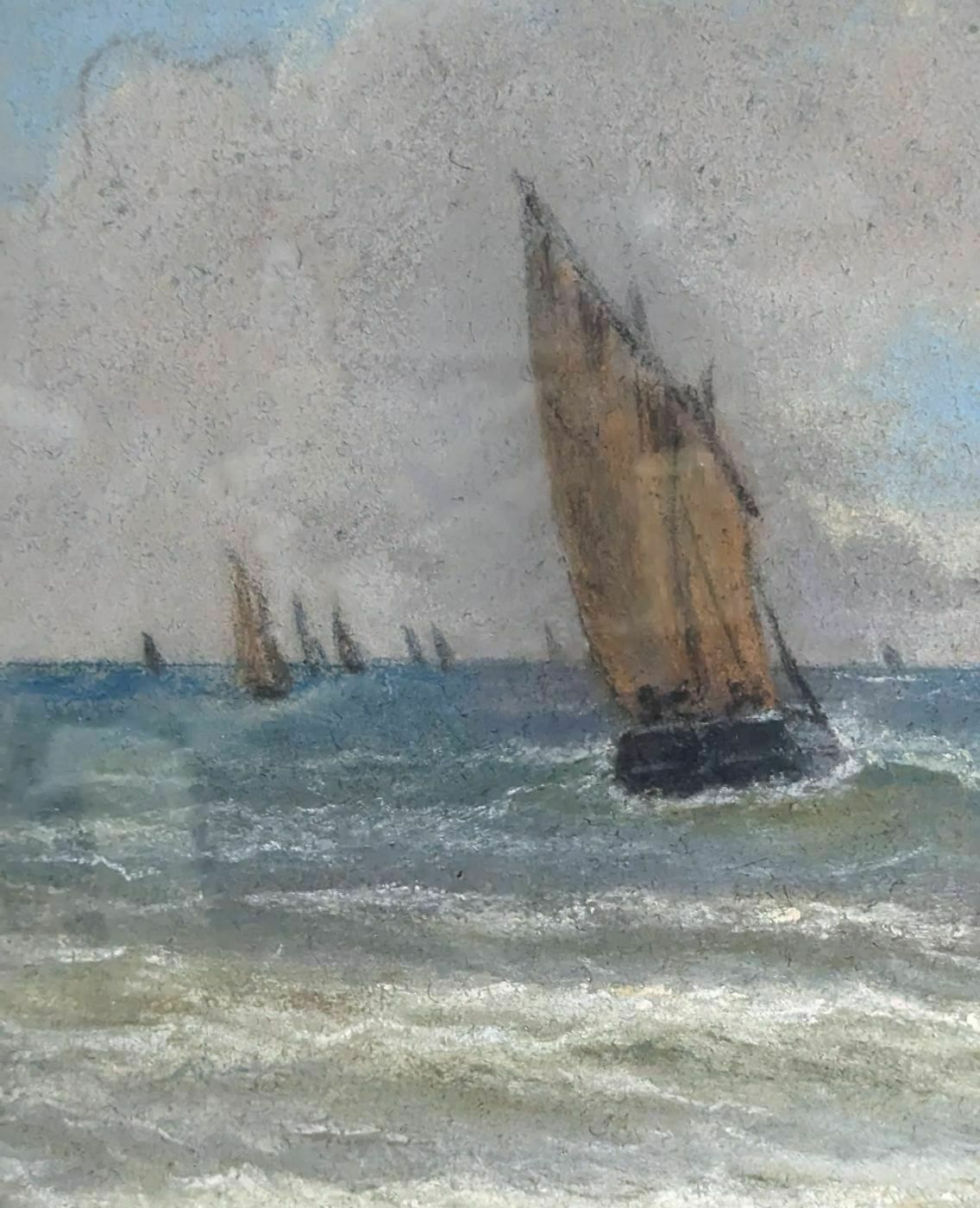 Pastel Drawing Marine Illustrations With Sailboats Late 19th Century photo for sale