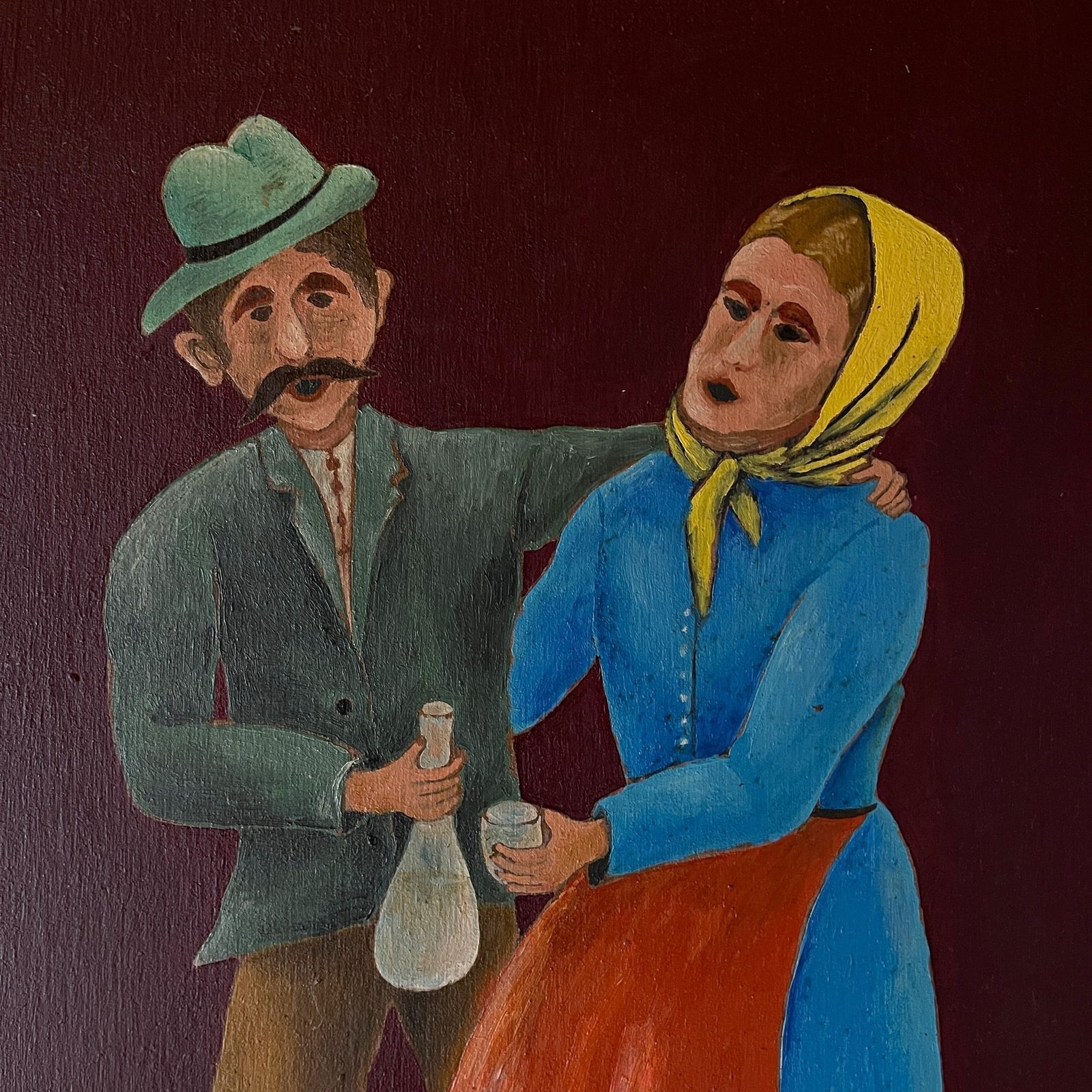 Art Diptych Paintings In The Style Of Naive Art, Oil, Hardboard, Oto Dobovišek, Yugoslavia 1970s Set Of 2 Folk Art photo