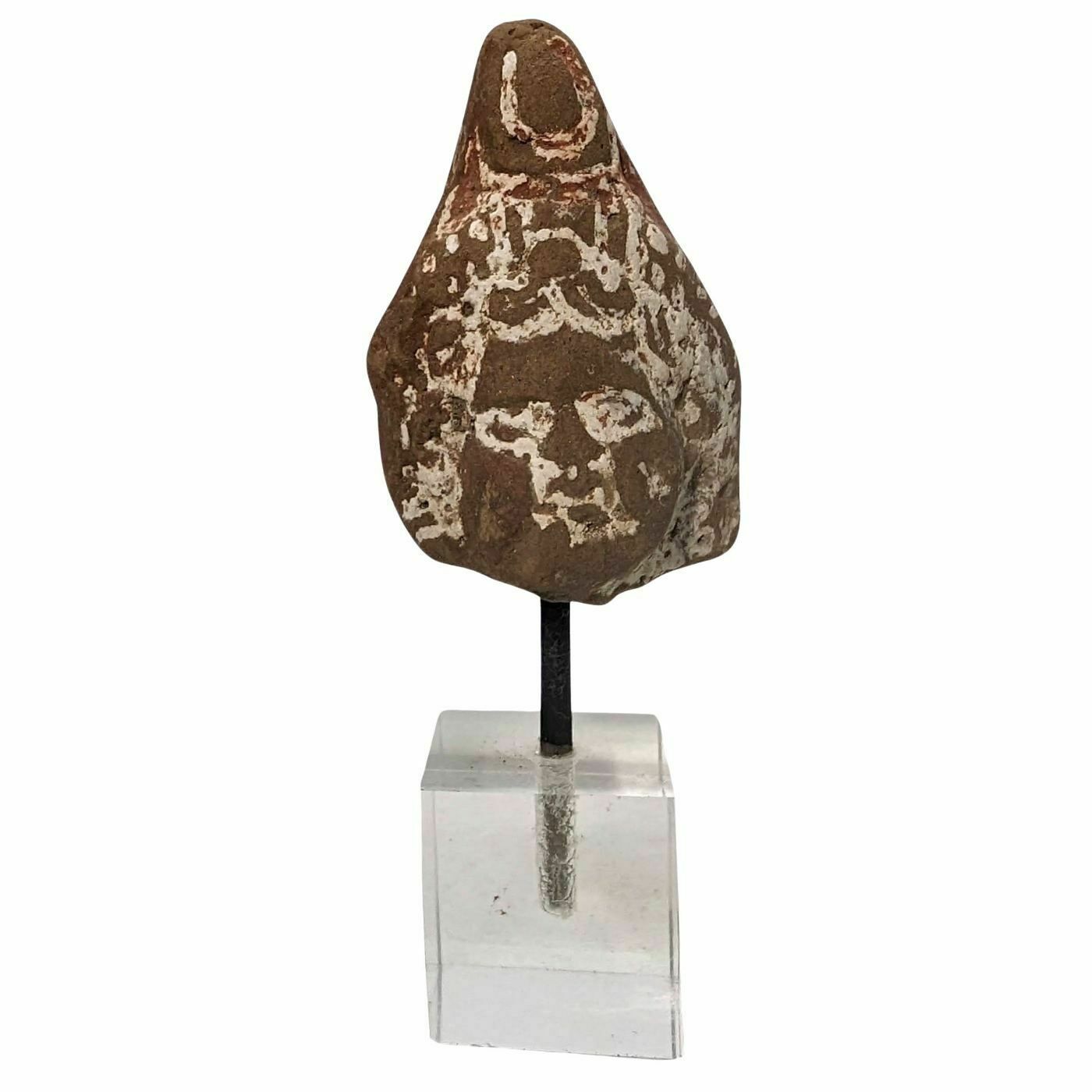 Archeology Statuette Of Painted Woman's Head With Base