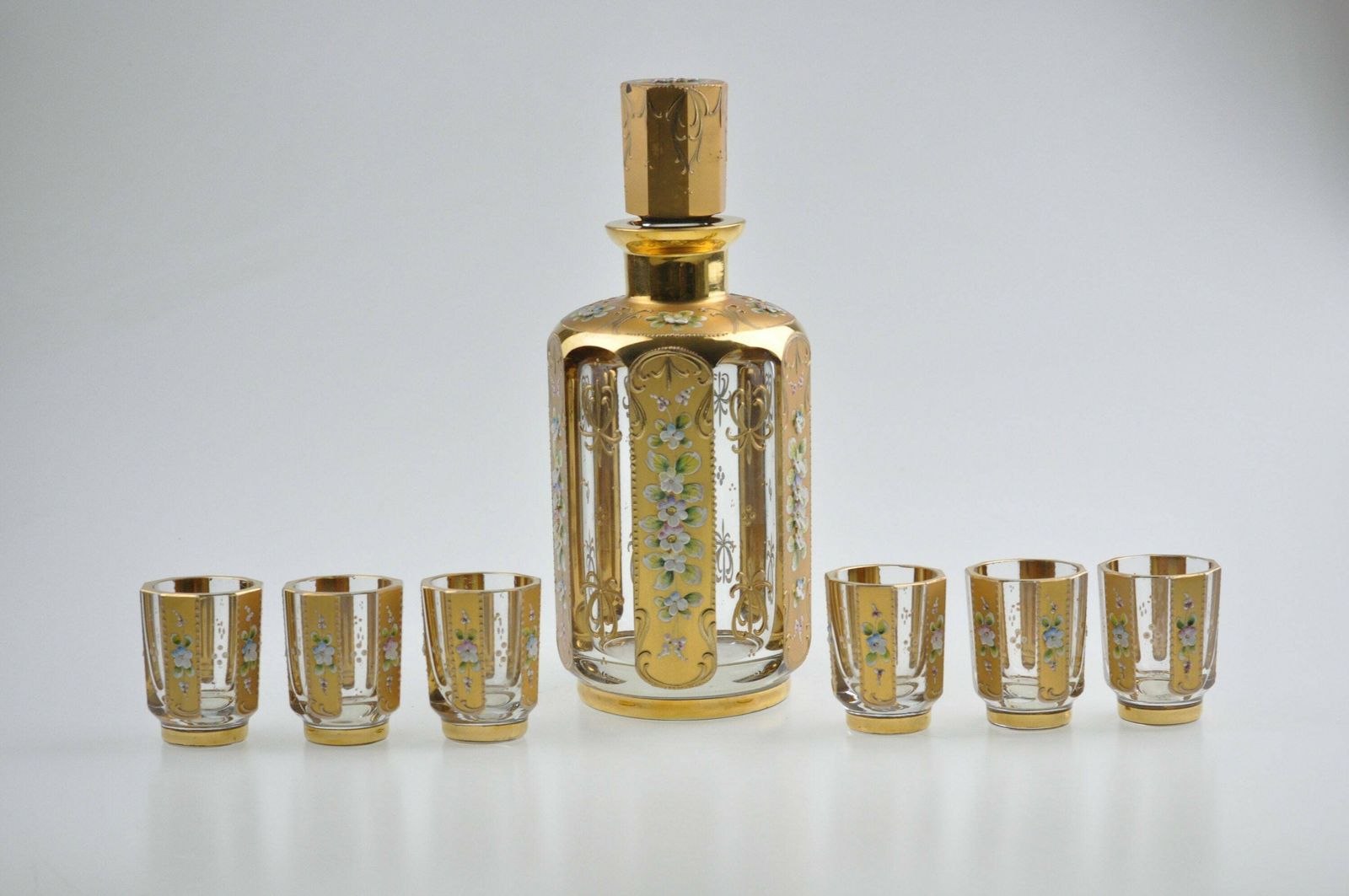 Czech Decanter, Decanter Set, Hand Painted Decanter, Gold Enameled Decanter Set, Glass Decanter Set, Glass Decanter, Antique Decanter Set