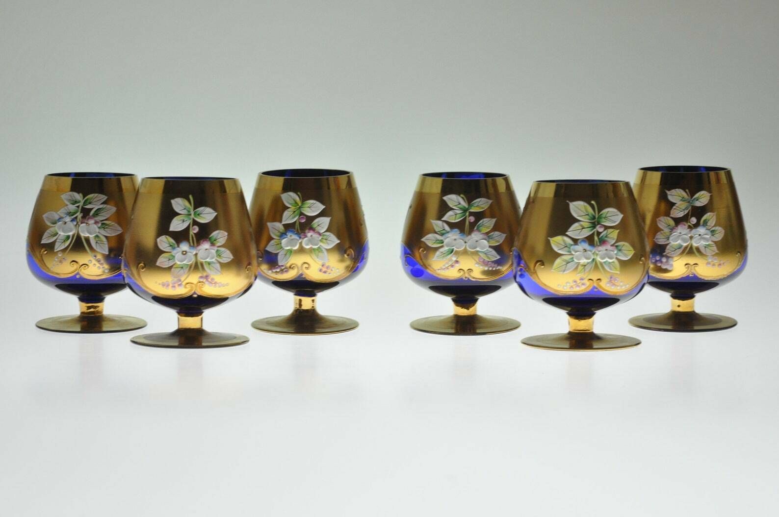 6 Vintage Bohemian Czech Goblets, Handmade Glass, Goblets Vintage, Goblets Glasses, Whiskey Glasses, Enameled Glass, Gold Plated Glass