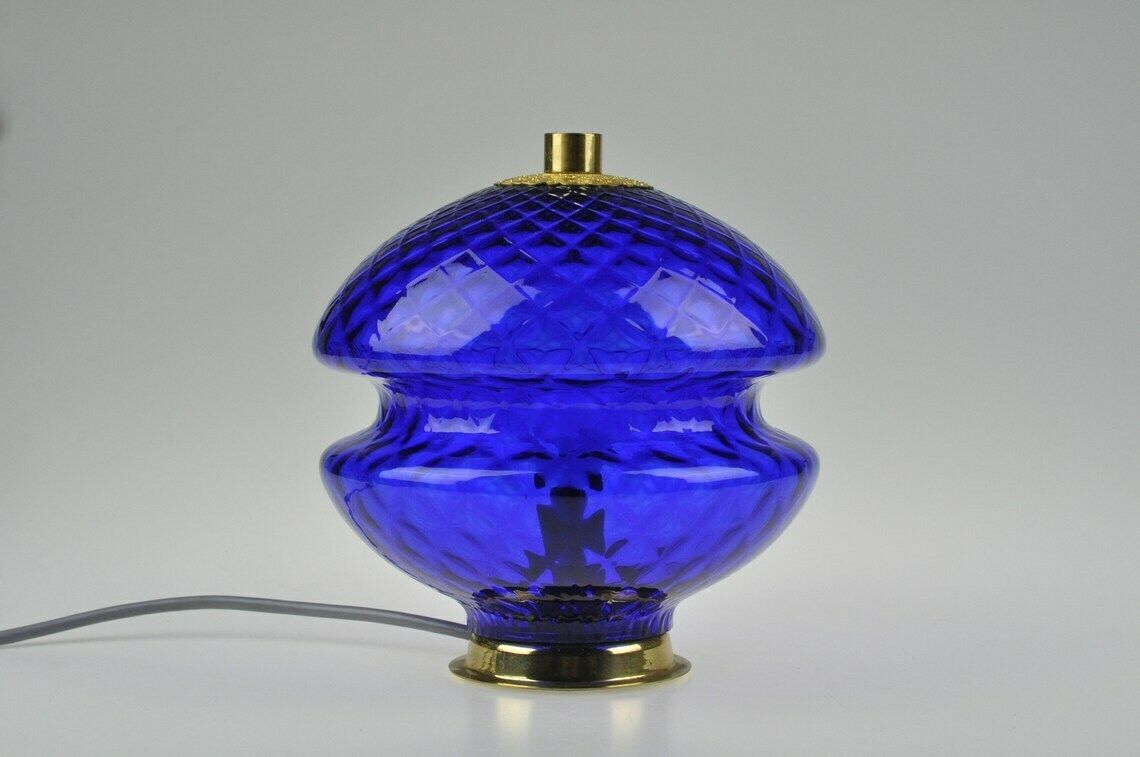 Vintage Sfeerlamp, Mid Century Lamp, Bureaulamp, Tafellamp, Nachtkastlamp, Mid Century Glazen Lamp, Vintage Lamp, Vintage Verlichting, Blauwe Lamp