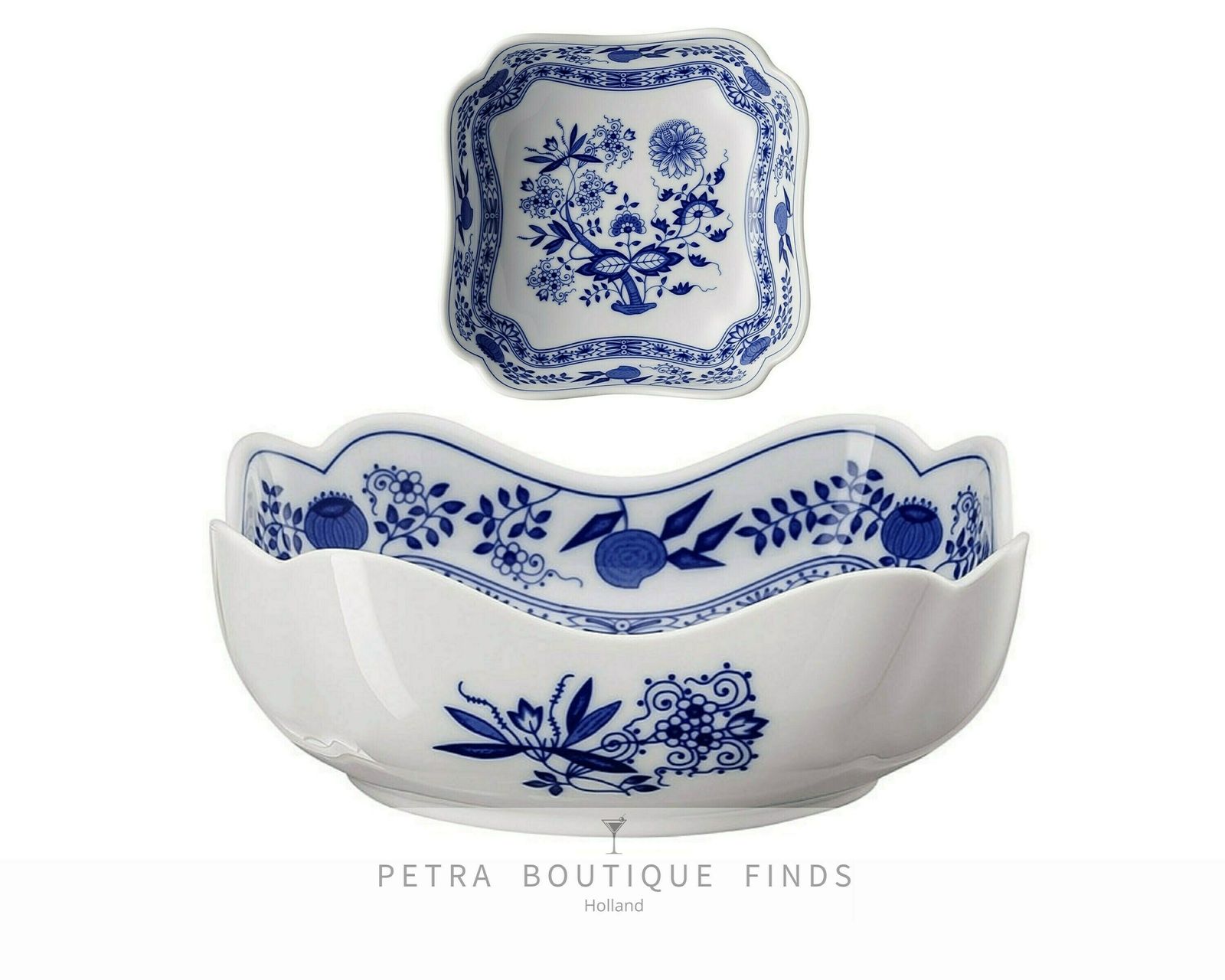 Blue Onion Bowl Set | Porcelain Servers | 2 Pcs With Square Scalloped Rim | Hutschenreuther (Rosenthal) photo furniture