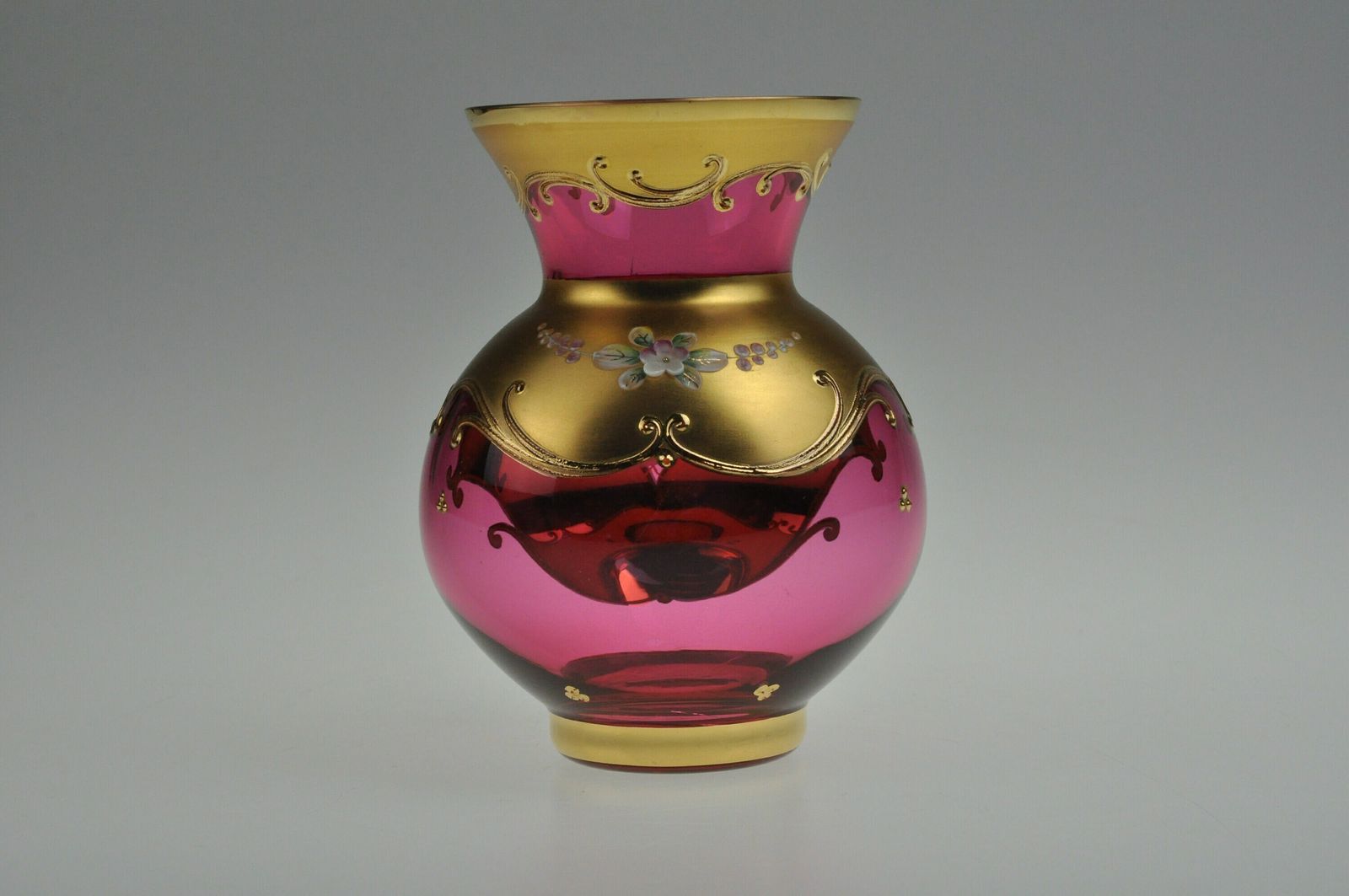 24k Gold Enamel Glass Vase, Glass Vase, Czech Glass, Art Glass, Vintage Glass, Hand Made, Enamel Vase, Red Vase, Czech Glass Vase photo for sale