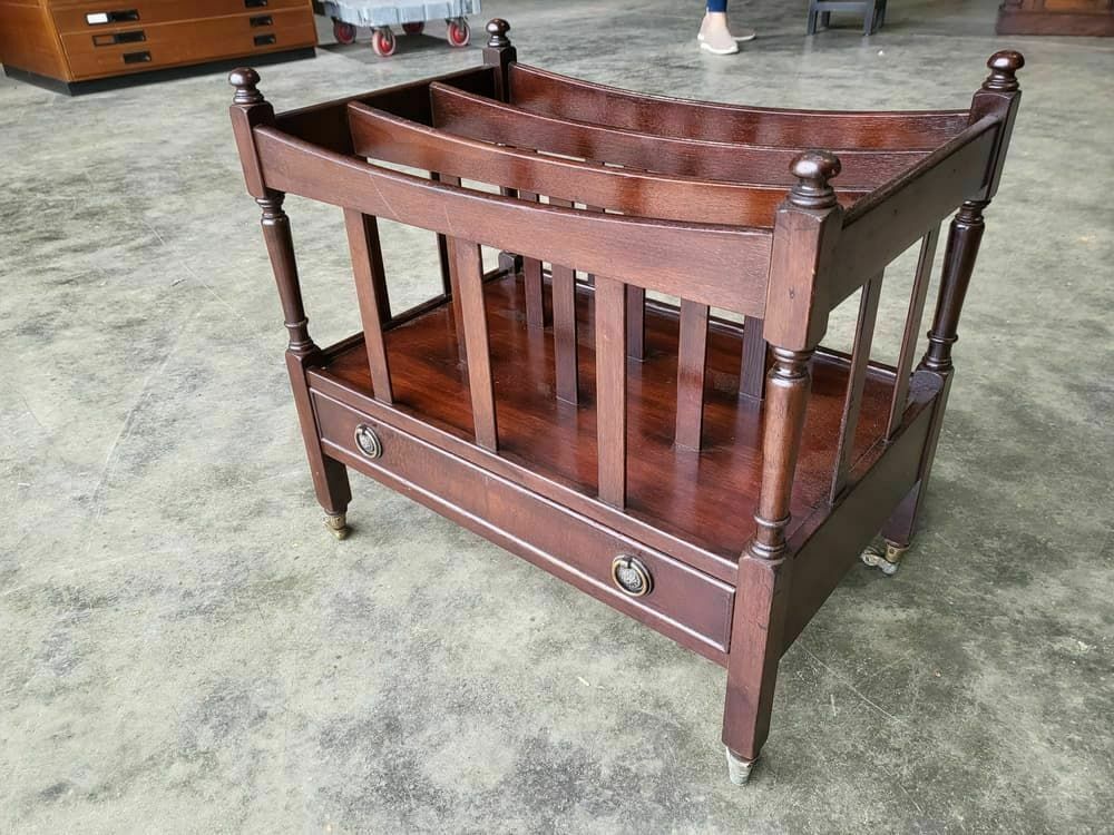 Antique Repro Mahogany Canterbury Magazine Book Rack Drawer.Castors