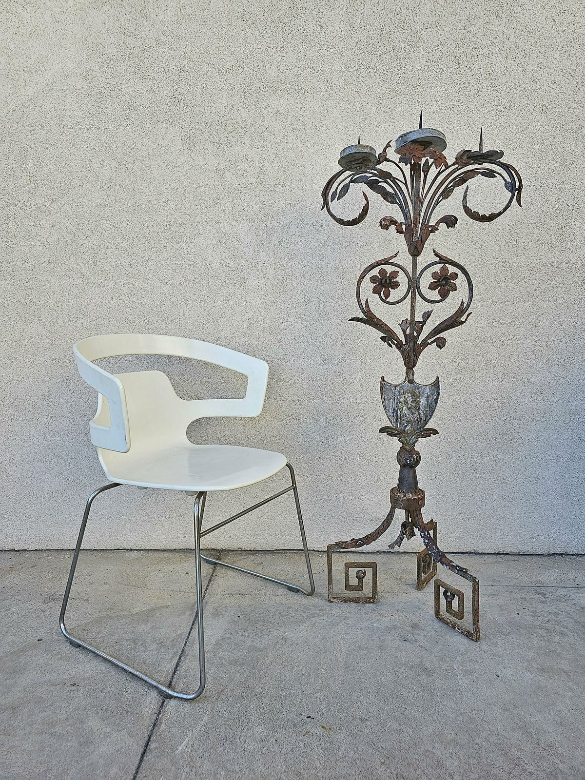 Antique Baroque Wrought Iron 3 Arm Candelabra With Fresco Of Saint Joseph Made In Austria In Early 18th Century photo vintage