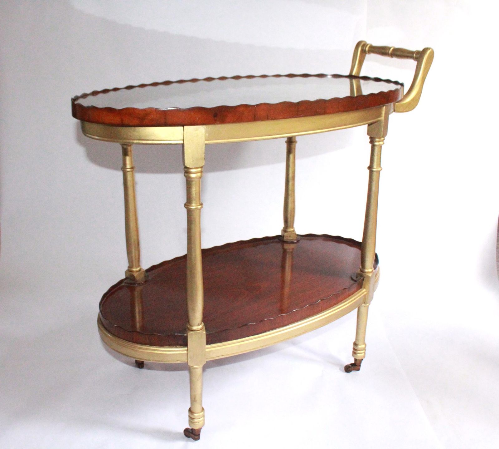 Reproduction Oval Mahogany & Inlaid Reception Drinks Trolley On Castors.