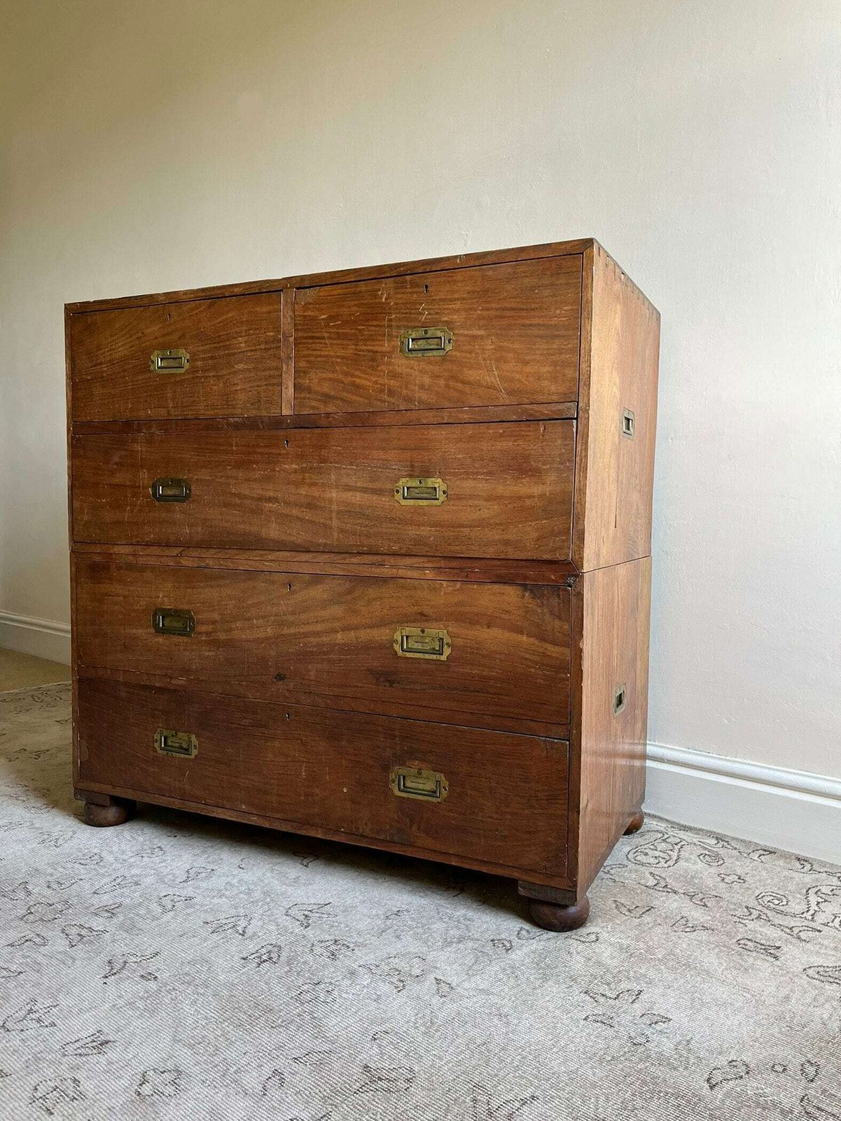 19th Century Military Campaign Chest Of Drawers In Solid Teak Wood With Brass Handles And Hardware Anglo Indian Antique Storage Armoire photo vinterior