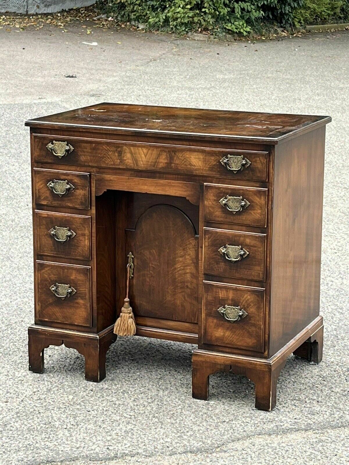 Burr Walnut Kneehole Desk, Bracket Feet With Brass Handles. photo for sale