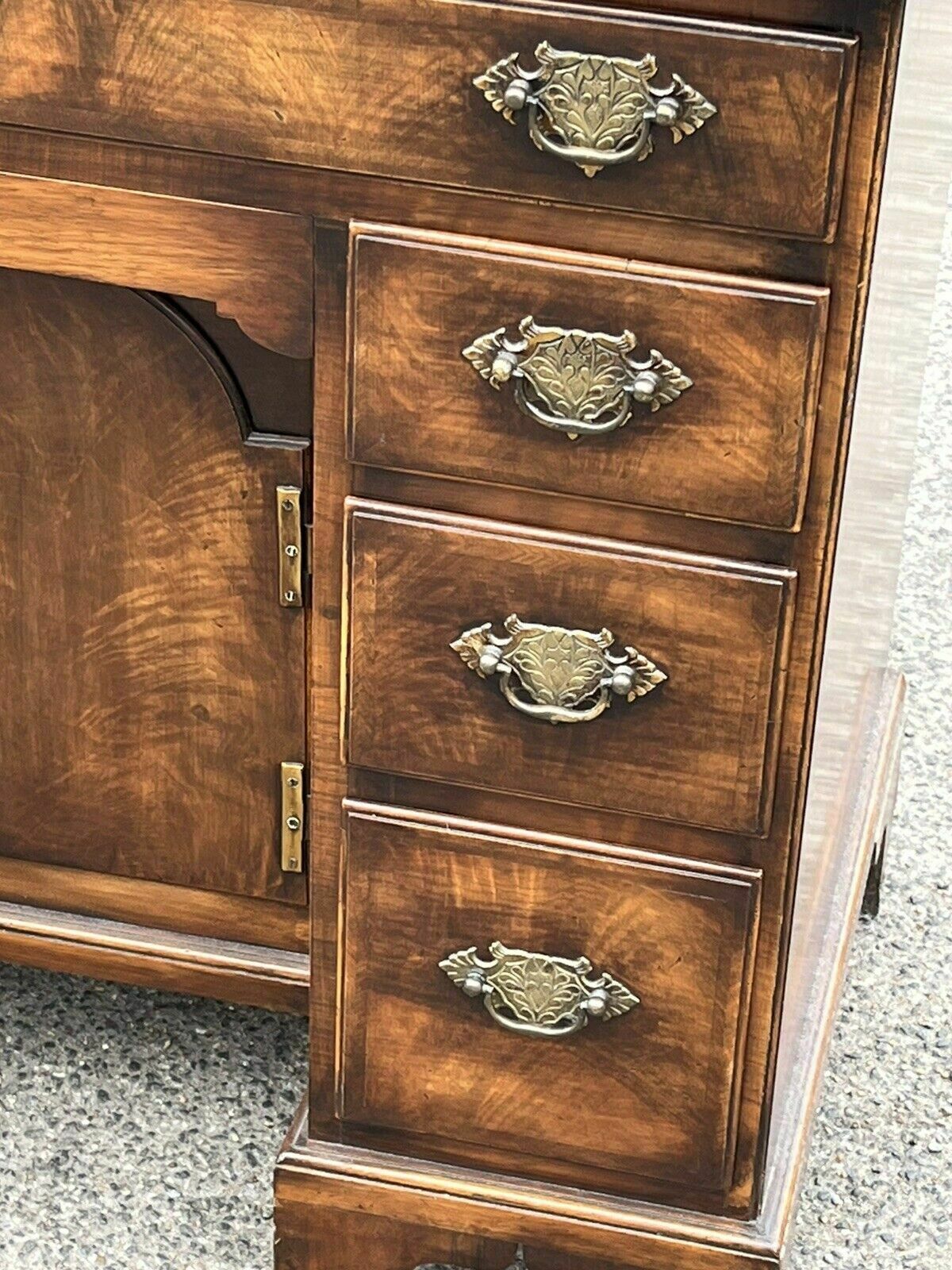 Burr Walnut Kneehole Desk, Bracket Feet With Brass Handles. photo 995.0