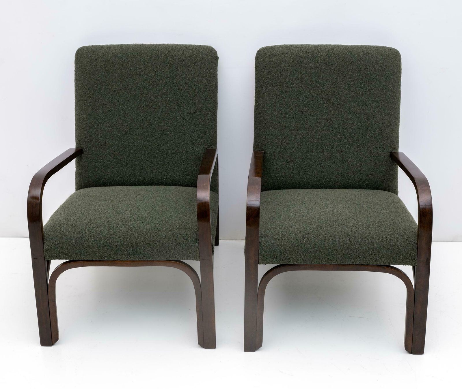 photo for sale Art Dèco Italian Green Bouclè Two Armchairs And Small Sofa, 1930s