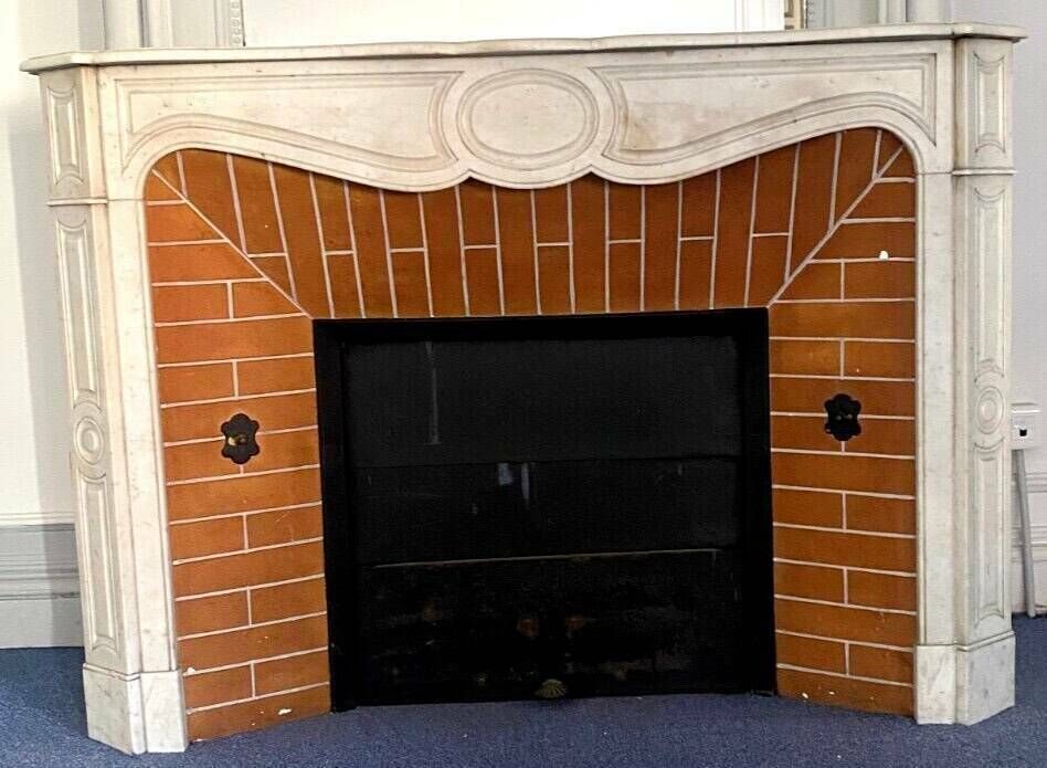 photo for sale Louis XV Style Fireplace Model Pompadour White Carrara Marble 20th Century