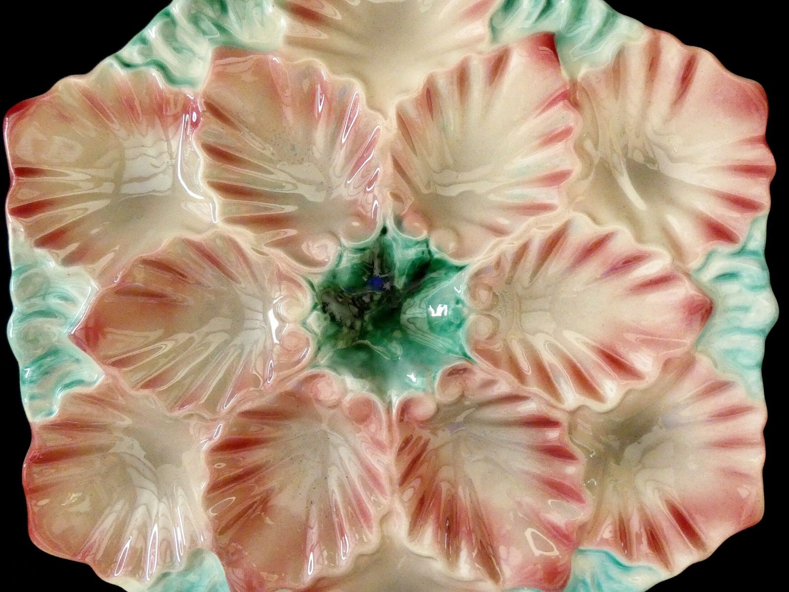 Rare Antique Orchies Oyster Platter French Turquoise Pink Majolica Ceramics Circa 1880s photo for sale