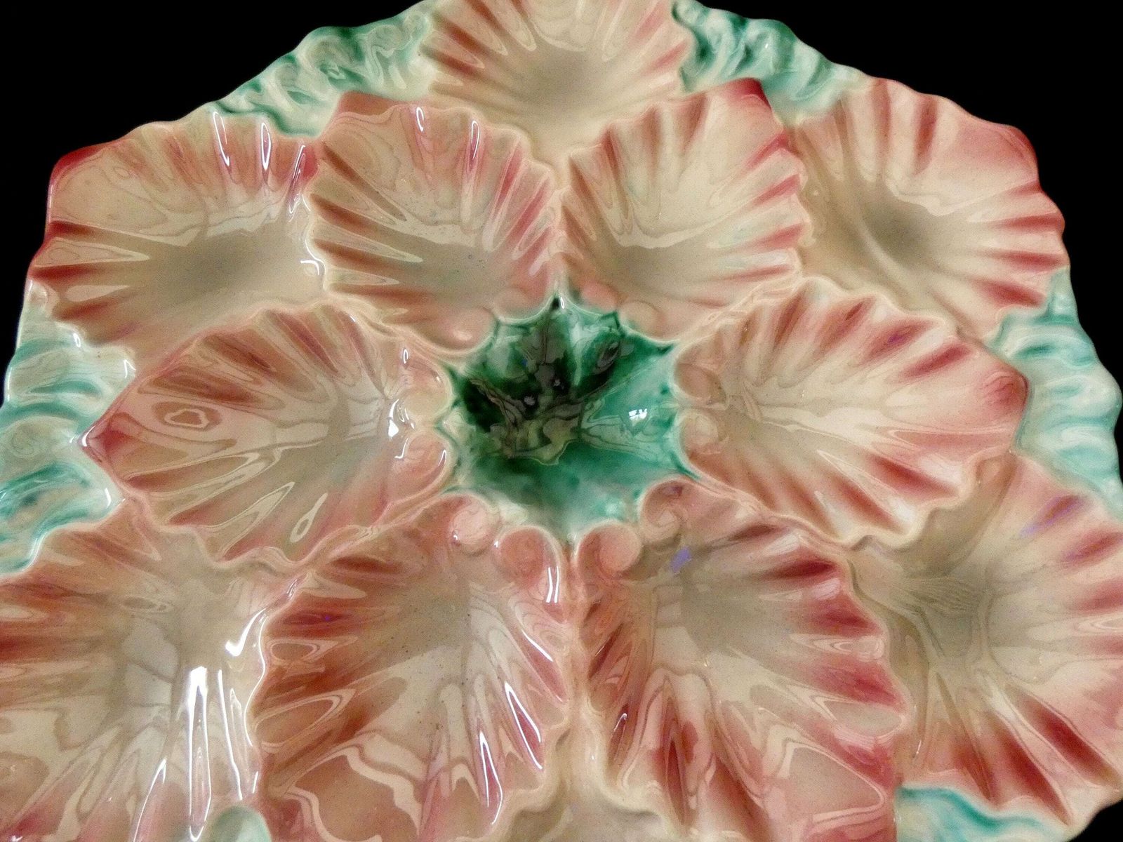 Rare Antique Orchies Oyster Platter French Turquoise Pink Majolica Ceramics Circa 1880s photo Home Decor