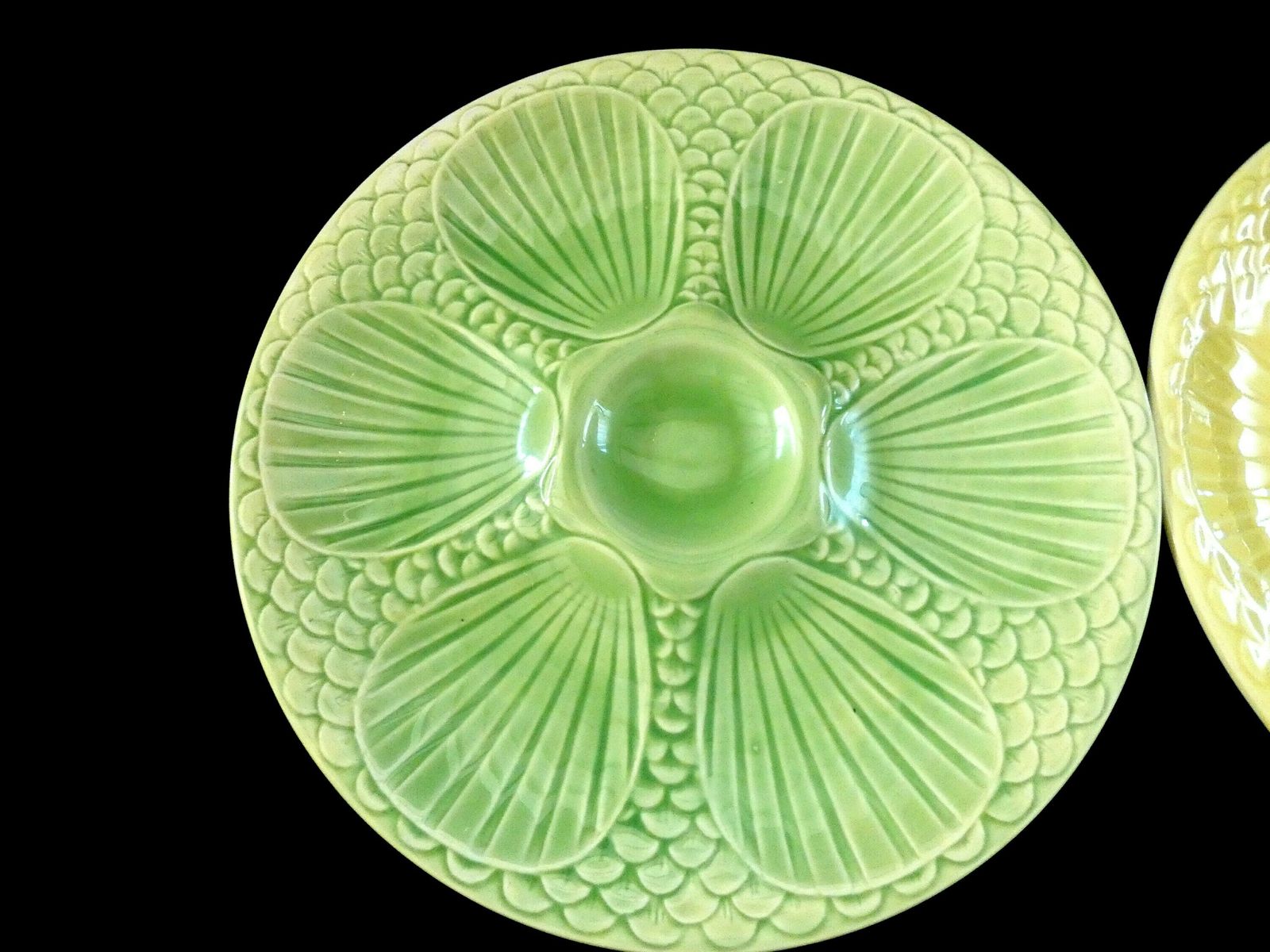 Antique Digoin Oyster Plates, Green And Yellow Majolica Oyster Platter, Faience Oyster Plates France 30s photo for sale