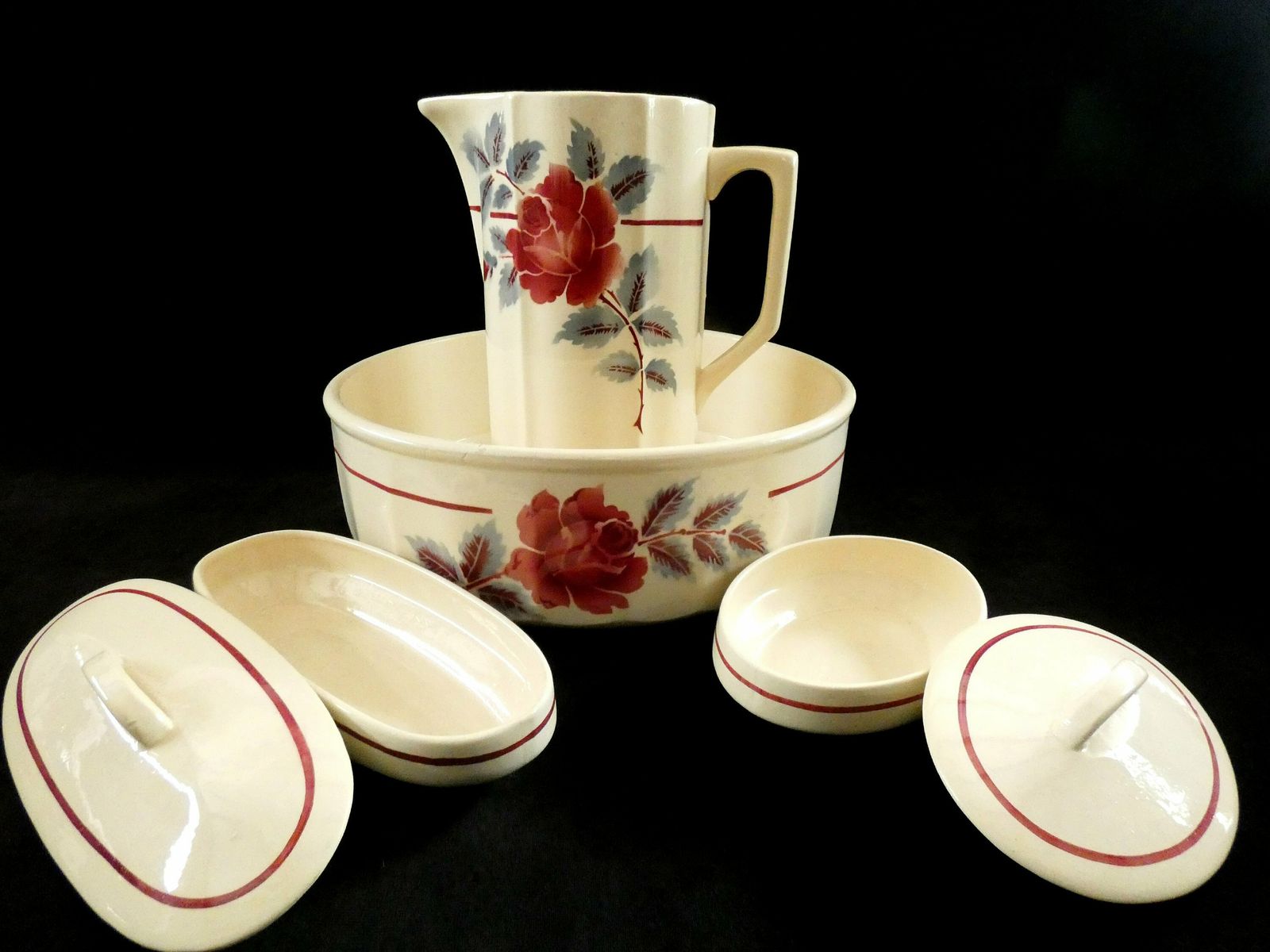 Antique Moulin Des Loups Hamage Ceramic Rеd Rose Floral Ornaments Washing/Bathroom Set Soap And Toothbrush Bowl France 20 30s photo for sale