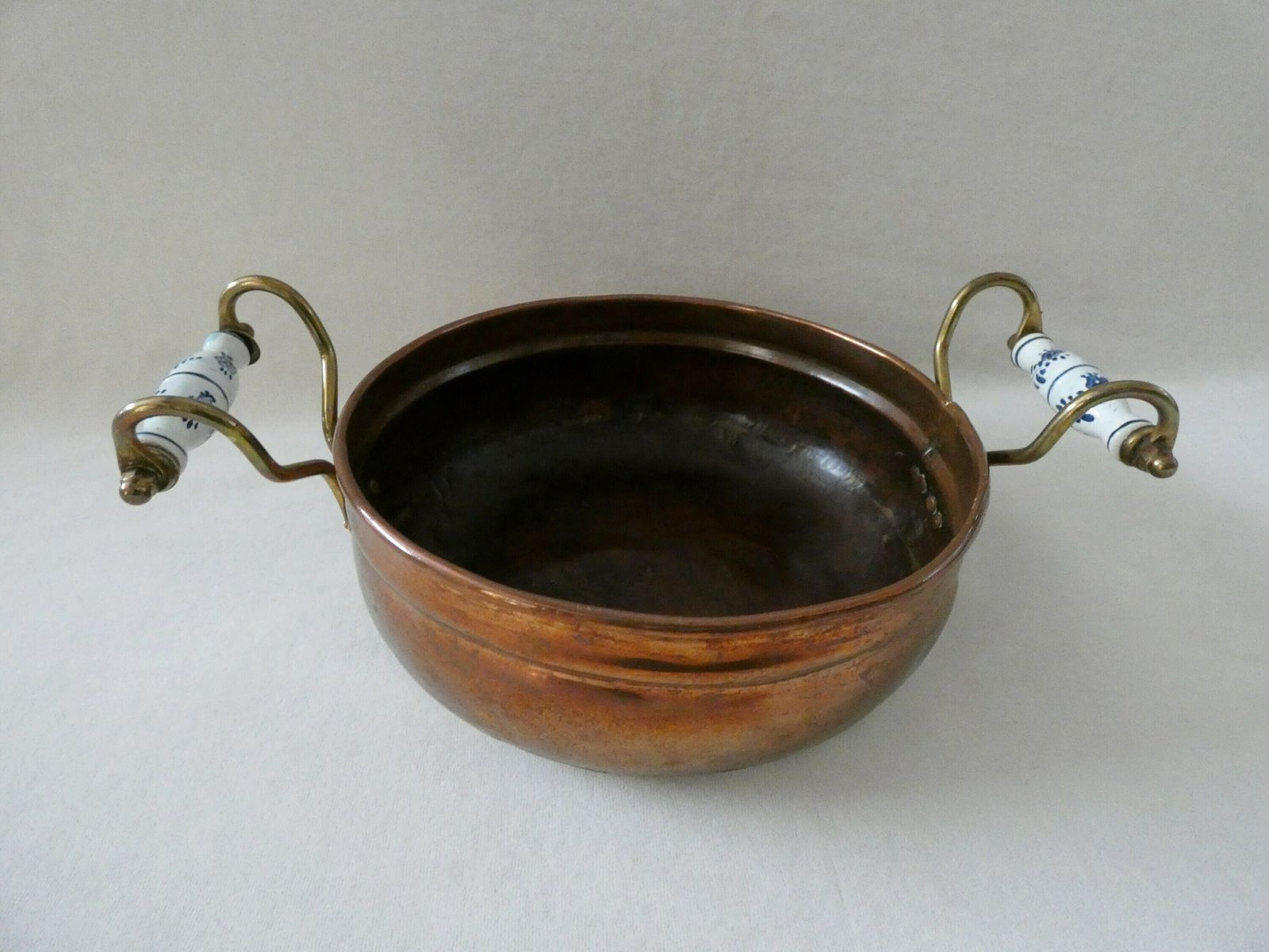Vintage French Copper Planter Antique Jardiniere Delft Ceramic Handles photo buy