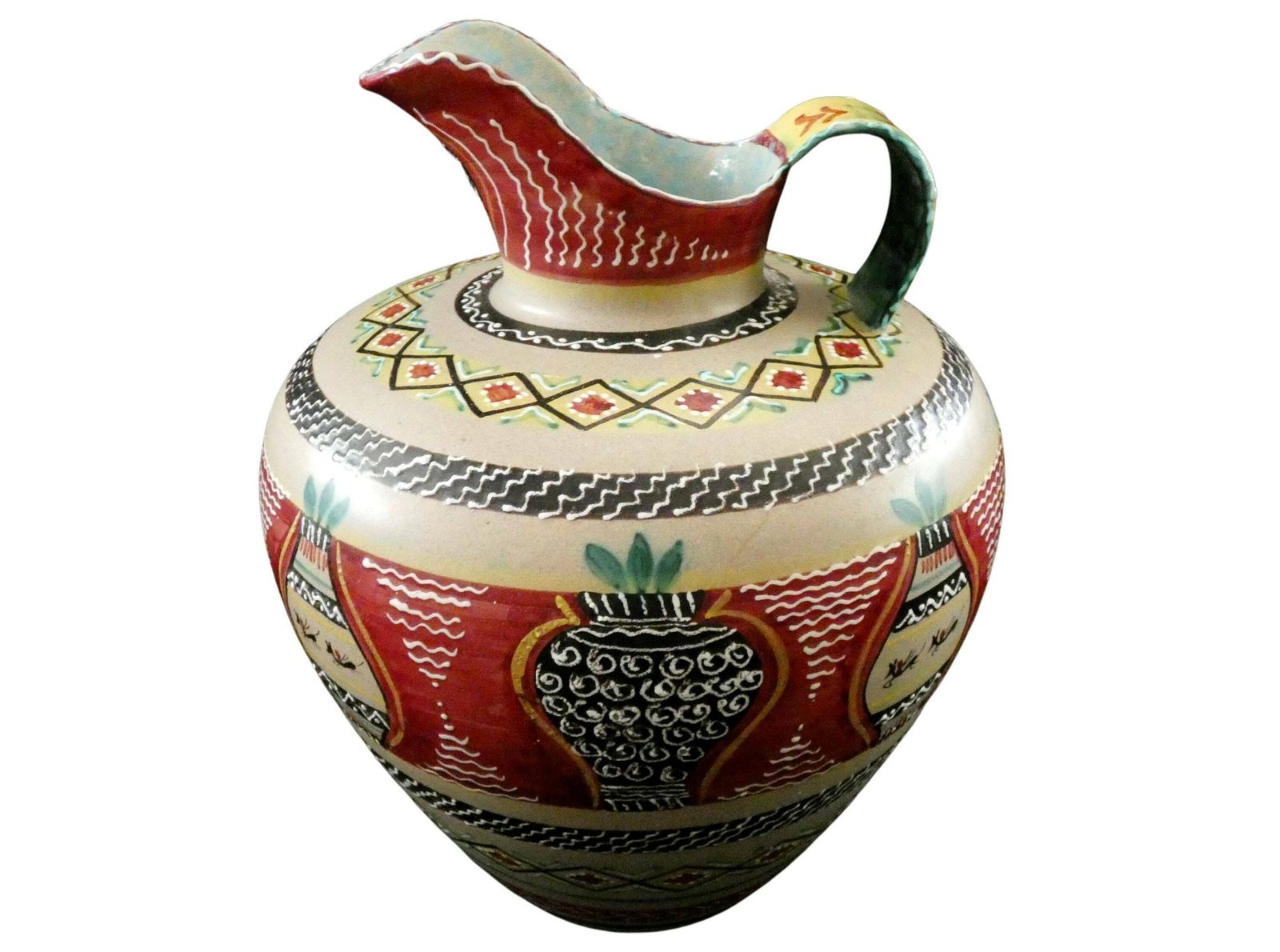 Large Vintage Deruta Ceramic Vase Hand Painted Italian Pottery Turquoise Burgundy Brown Black Art Ceramics