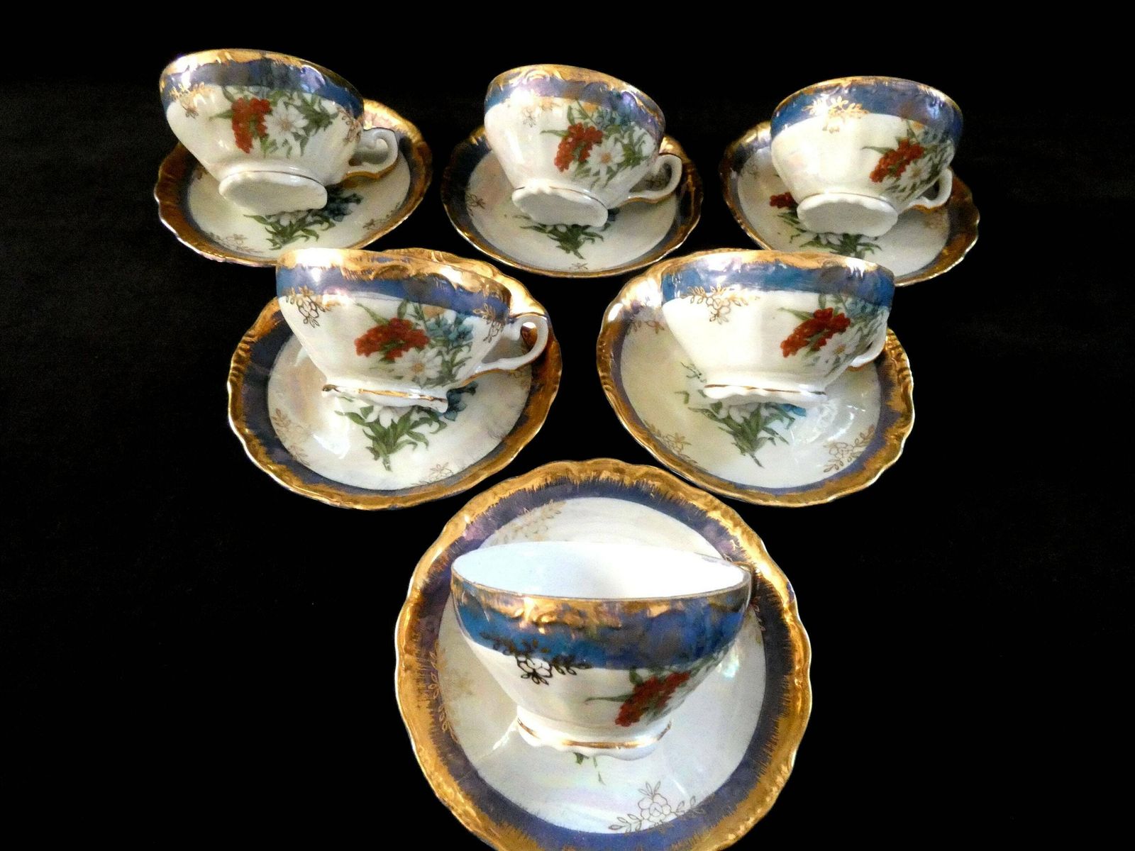 6 Antique French Coffee Cups Demitasse Porcelain Cups And Saucers Gold Edging Blue Red Yellow Flowers 1920s photo furniture
