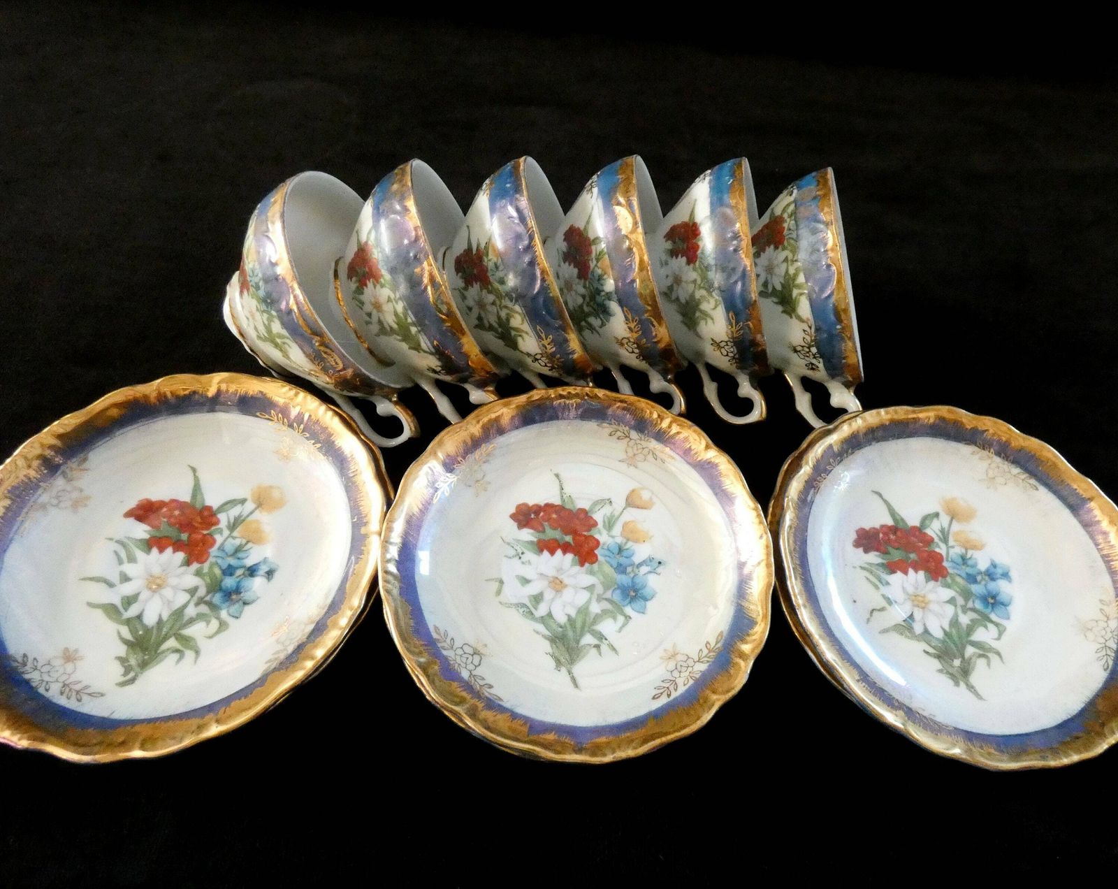 6 Antique French Coffee Cups Demitasse Porcelain Cups And Saucers Gold Edging Blue Red Yellow Flowers 1920s photo 97.0