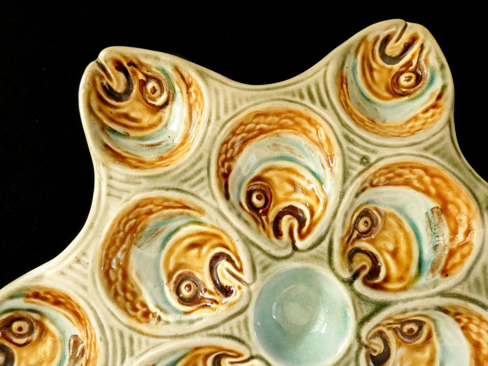 19th Century Majolica Fish Heads Oyster Plate Antique French Ceramic Palissy Star Platter photo for sale