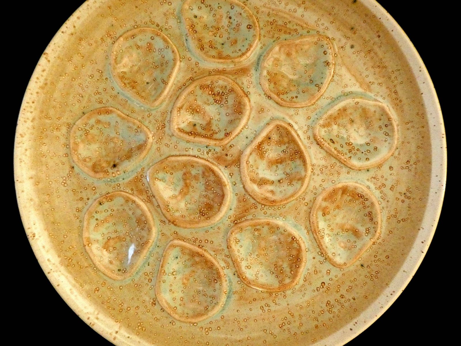 Large Vintage Mbfa Pornic Oyster Platter White Brown Turquoise Majolica Ceramic Oyster Plate French Art Pottery 70s