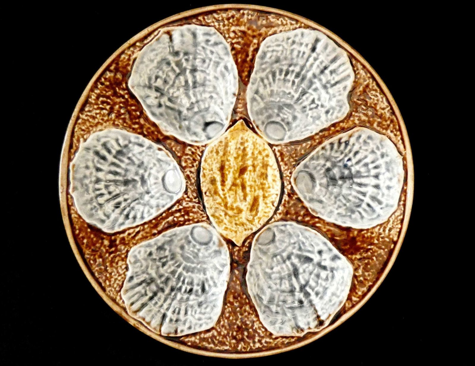 Antique French Provencal Oyster Plate Late 19th Century Brown Light Gray Yellow Majolica Palissy Ceramic Collector's Oyster Platter