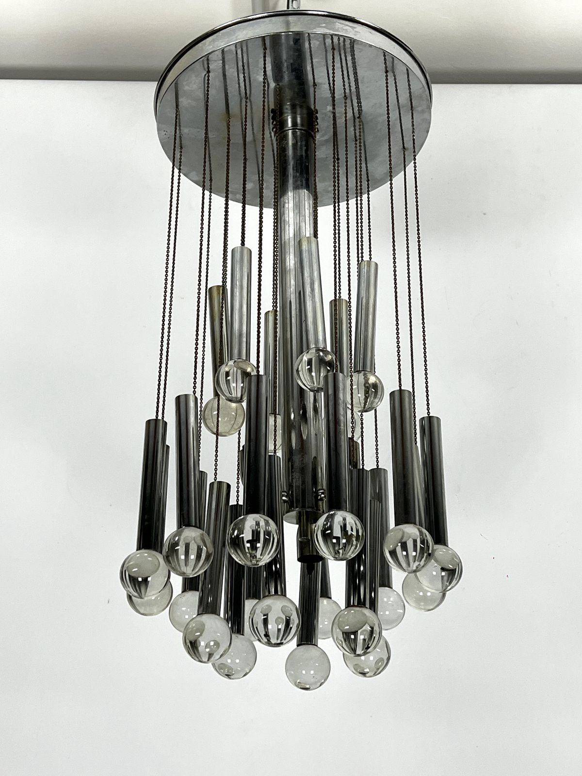 Sciolari, Iconic Glass Sphere And Chrome Chandelier. Italy 1960s photo Lighting