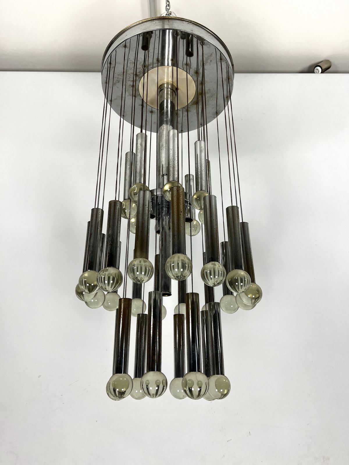 Mid  Century Glass And Chrome Chandelier By Sciolari. Italy 1960s