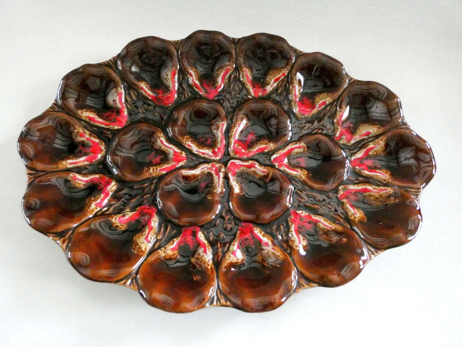 Large Vallauris Oyster Platter Vintage French Majolica Ceramics Mid Century Brown White Red Pottery photo furniture