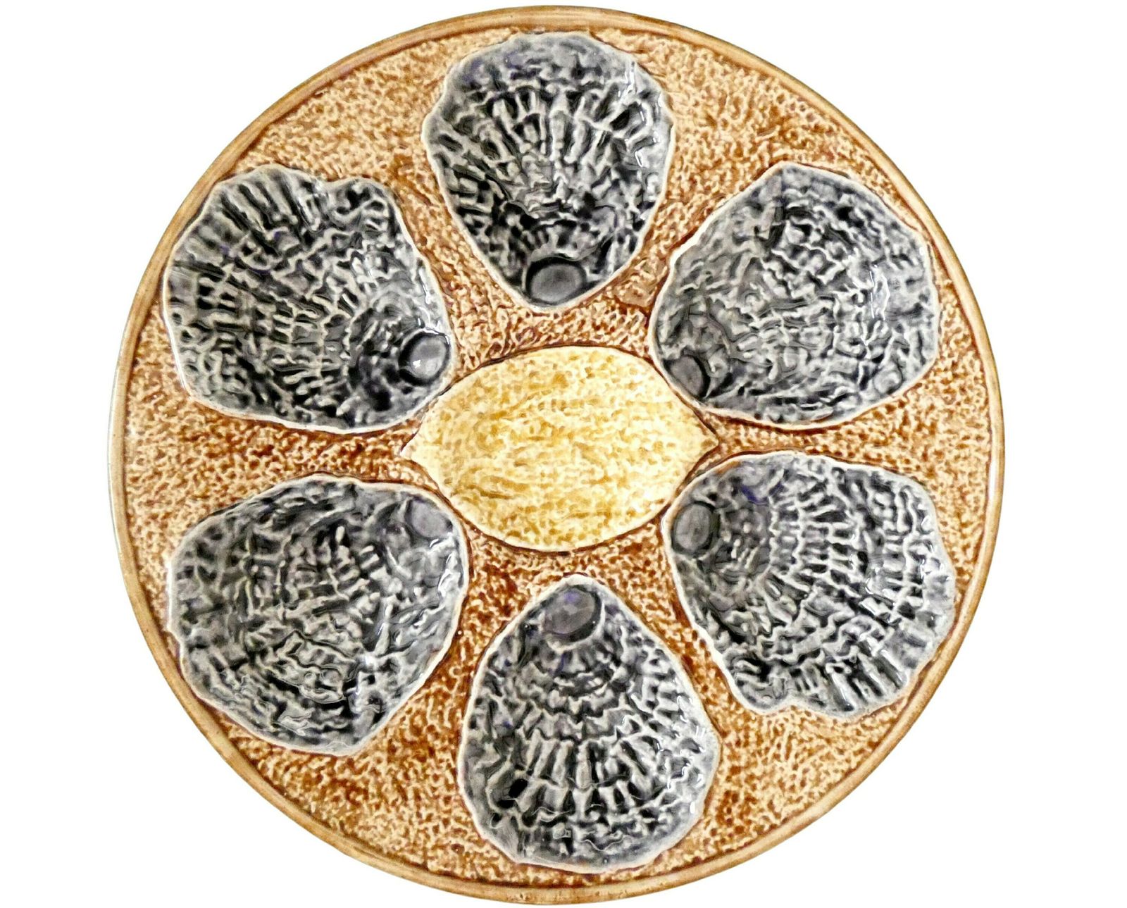 19th Century French Provencal Faience Oyster Plate Antique Rustic Palissy Brown Grey Yellow Majolica Oyster Platter