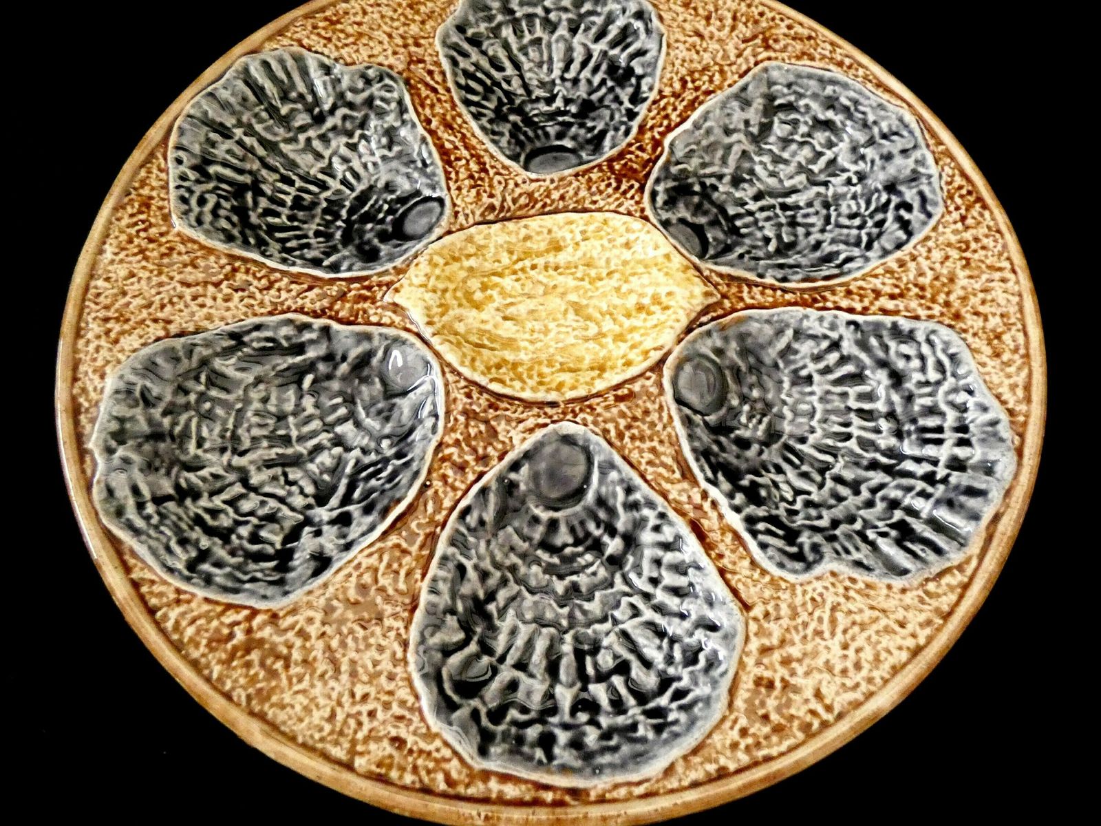 19th Century French Provencal Faience Oyster Plate Antique Rustic Palissy Brown Grey Yellow Majolica Oyster Platter photo for sale