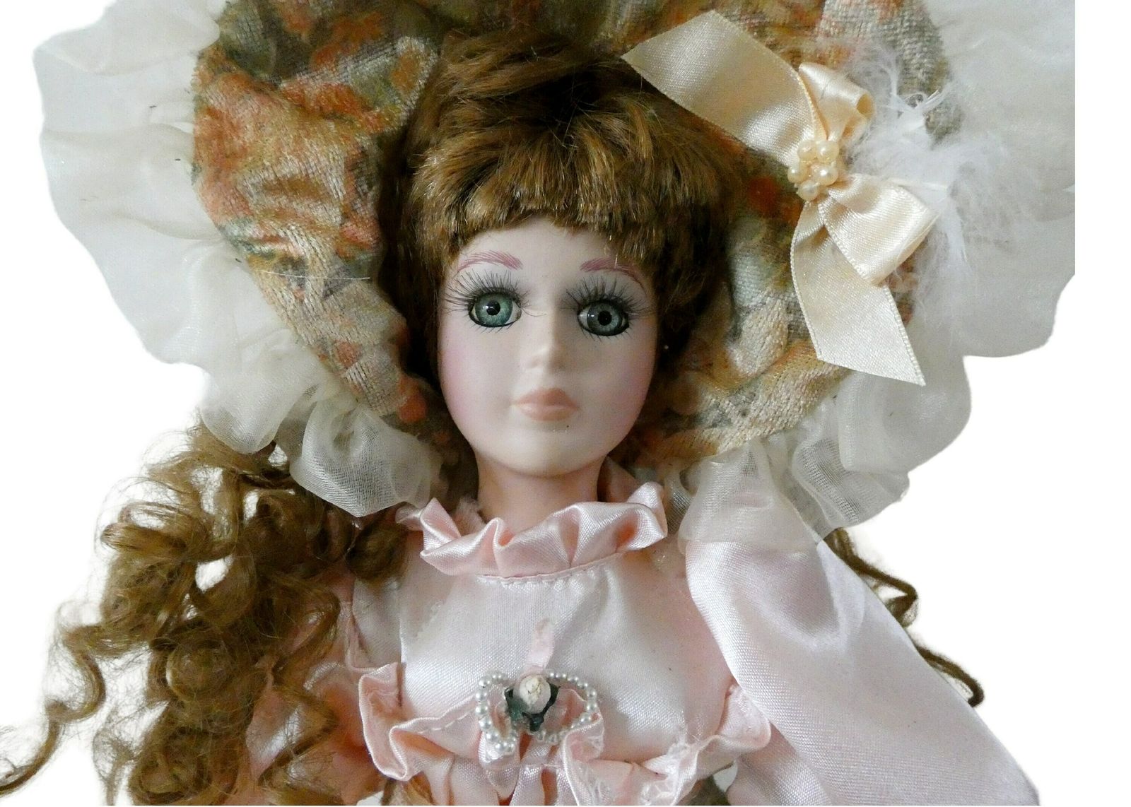 19" Vintage Franse Porseleinen Pop Blauwe Ogen Bruin Krullend Haar Roze Bruin Oranje Victoriaans Jurkje Verzamelpop Frankrijk