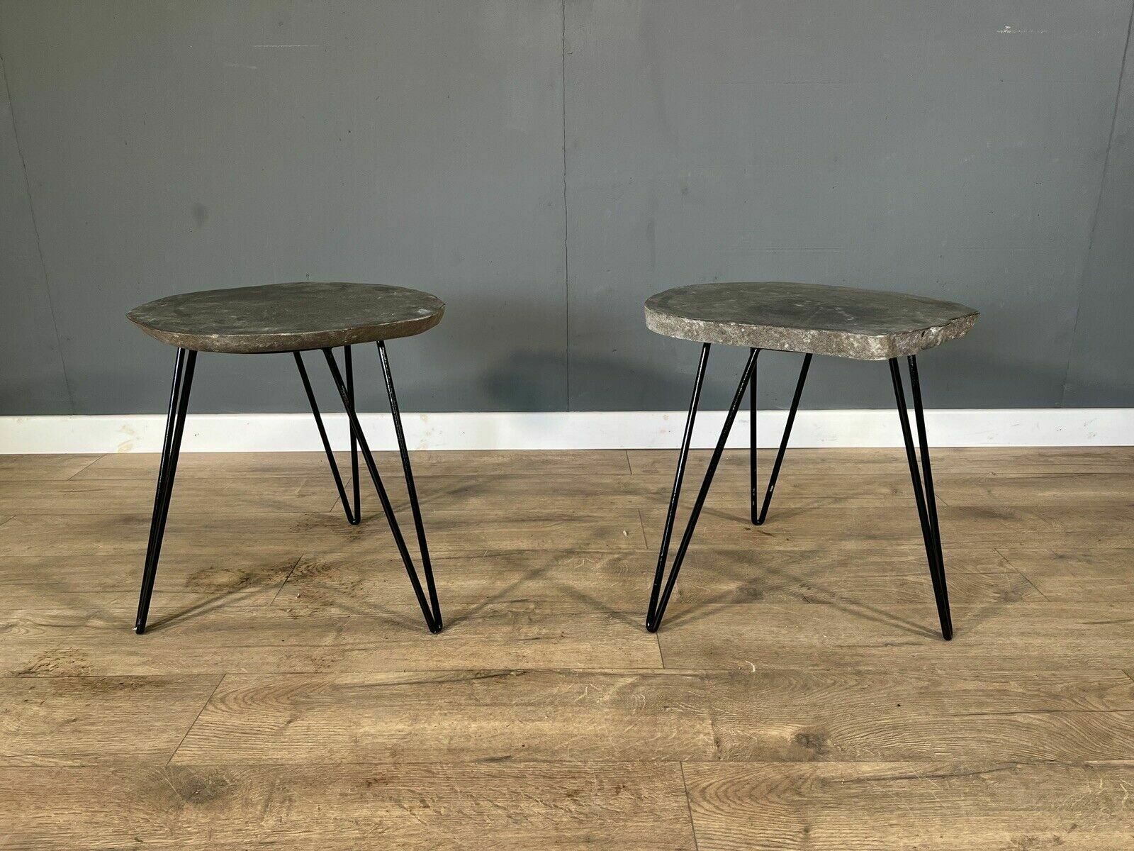 Pair Of Modern Stone Side Tables On Hairpin Legs