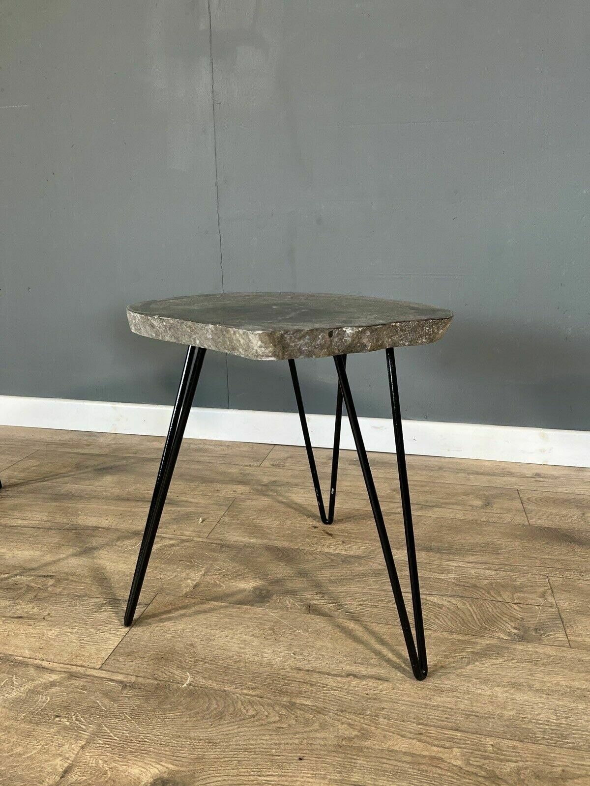 Pair Of Modern Stone Side Tables On Hairpin Legs photo for sale