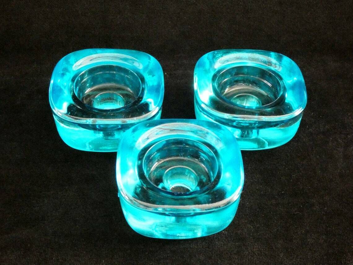 3 Vintage Franse Kandelaars Van Turquoise Glas – Art Deco Stijl, Retro Blauwe Theelichthouders, Aqua Kandelaars