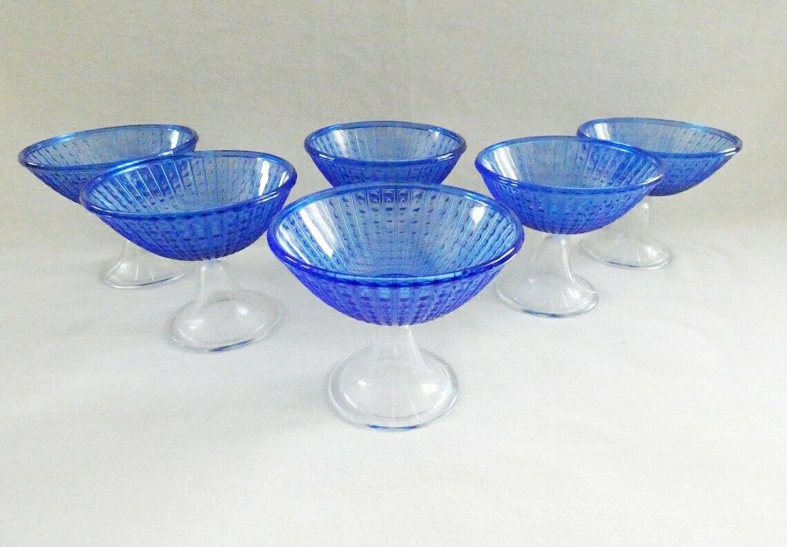 6 Vintage Blauwe Kristallen Ijscoupes Art Deco Puddingschalen Dessertserviesset Jaren 60 photo furniture