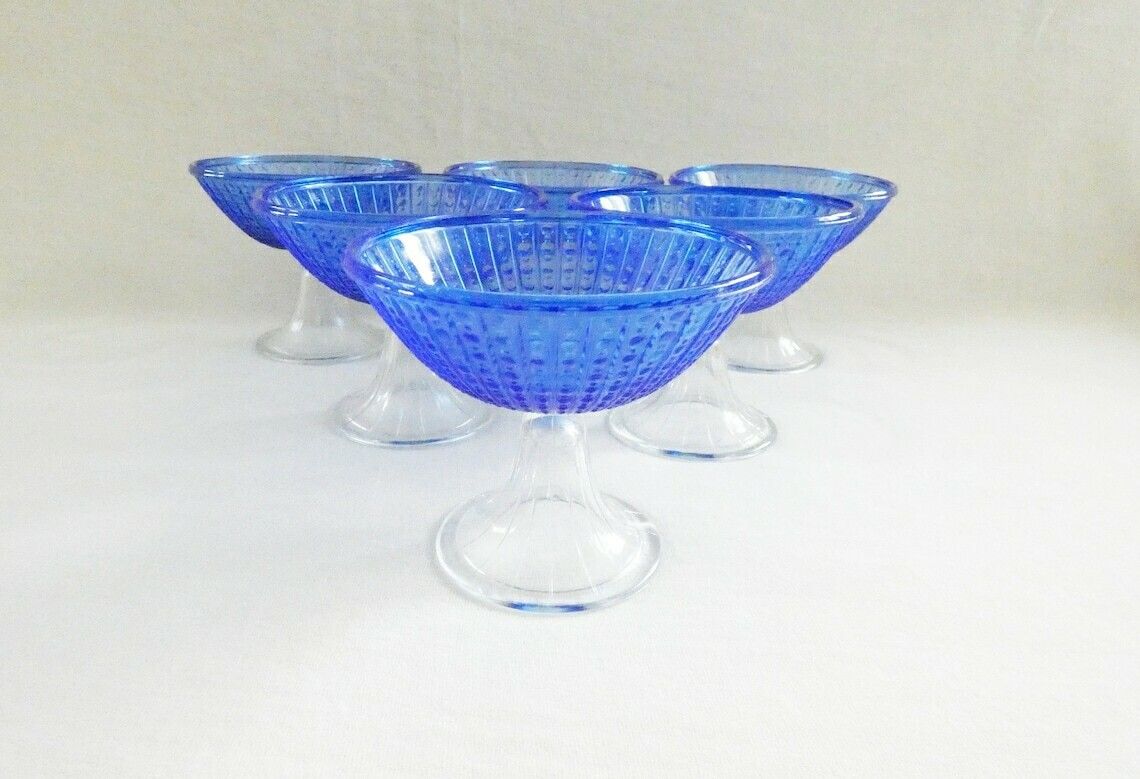 6 Vintage Blauwe Kristallen Ijscoupes Art Deco Puddingschalen Dessertserviesset Jaren 60 photo 110.0