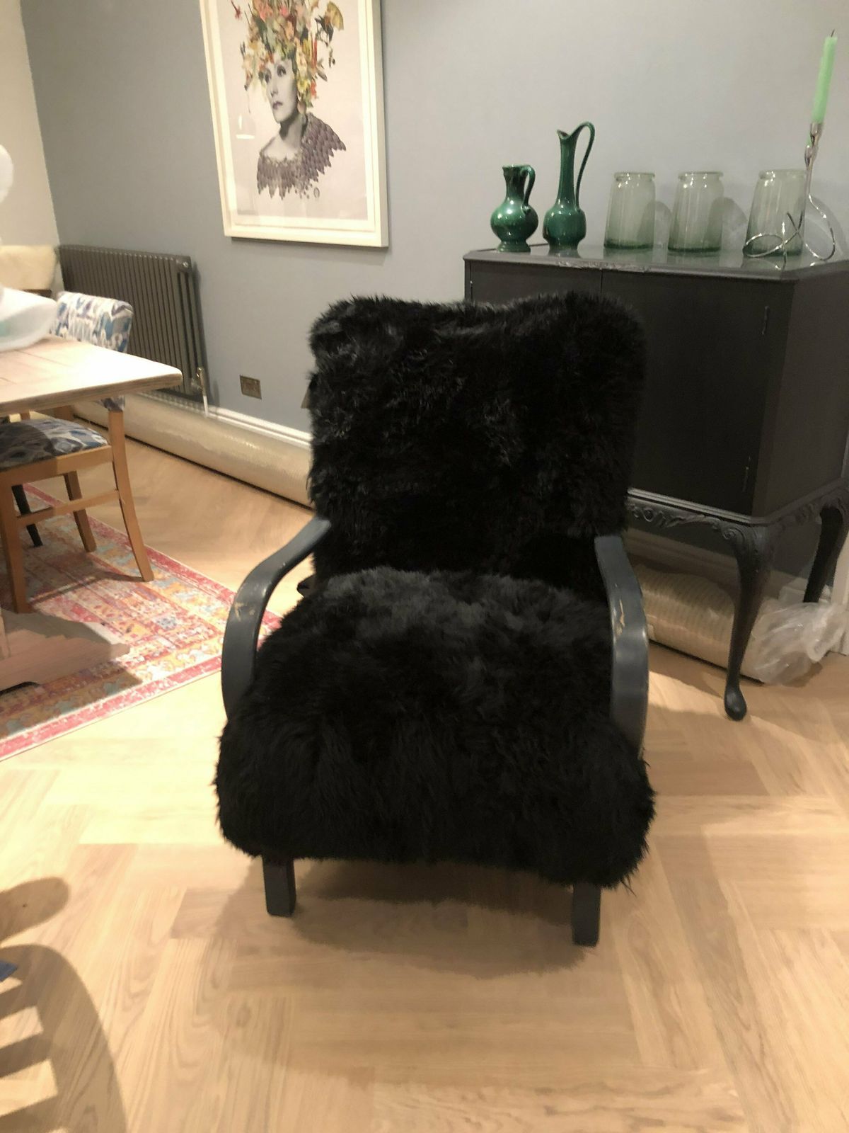 Black Sheepskin Chair, Genuine Sheepskin, Black Sheepskin Armchair, Bentwood Chair, Halabala Style , Black Sheepskin Chair, Sheepskin Chair. photo vintage