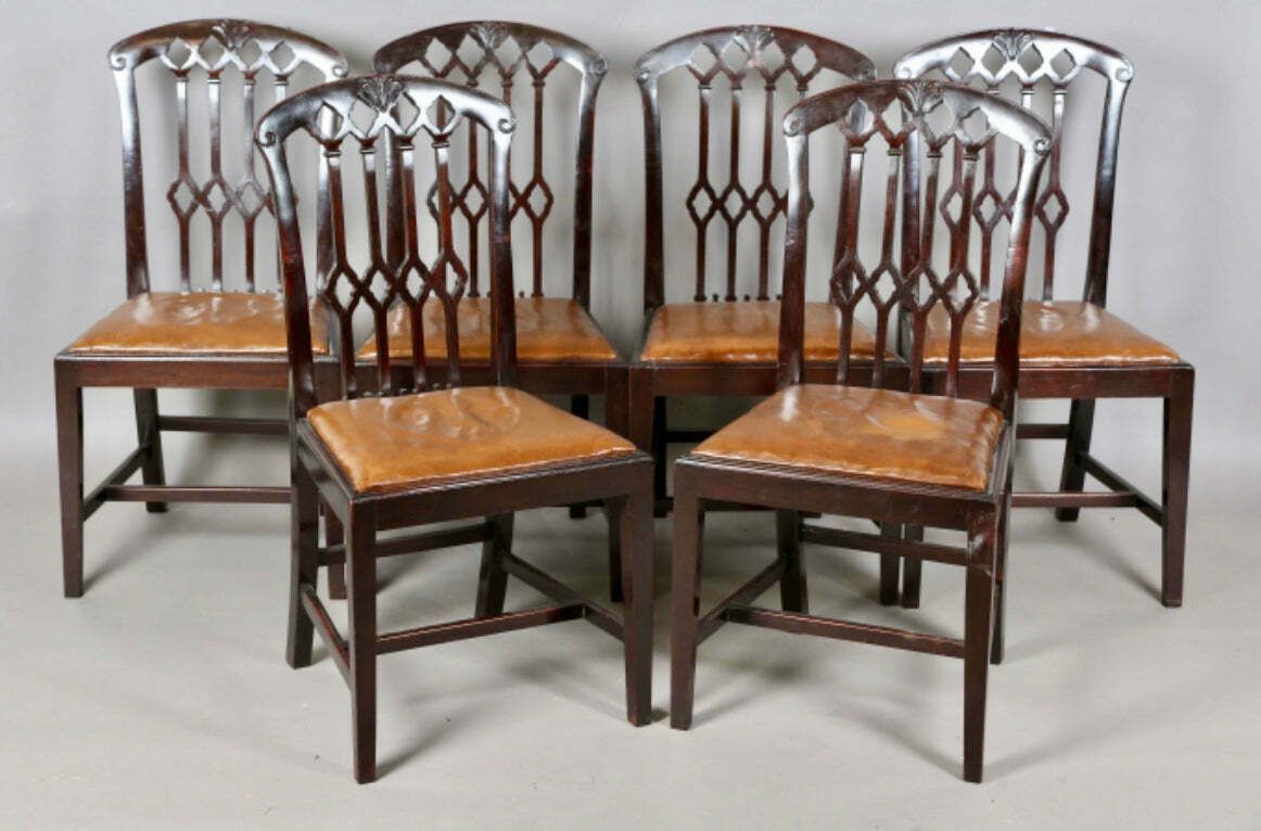 Exceptional Set Of Eight Georgian English Country House Carved Mahogany & Supple Aged Leather Chippendale Dining Chairs Circa 1830 photo buy