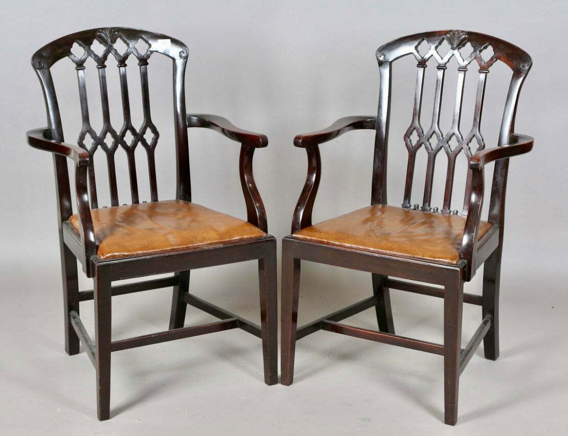 photo furniture Exceptional Set Of Eight Georgian English Country House Carved Mahogany & Supple Aged Leather Chippendale Dining Chairs Circa 1830