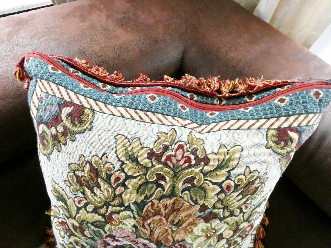 Vintage Large Country Tapestry Cushion Cover, Authentic French Floral Pillow, Tassels And Fringe Pillow, Vintage French Home Decor photo Textiles