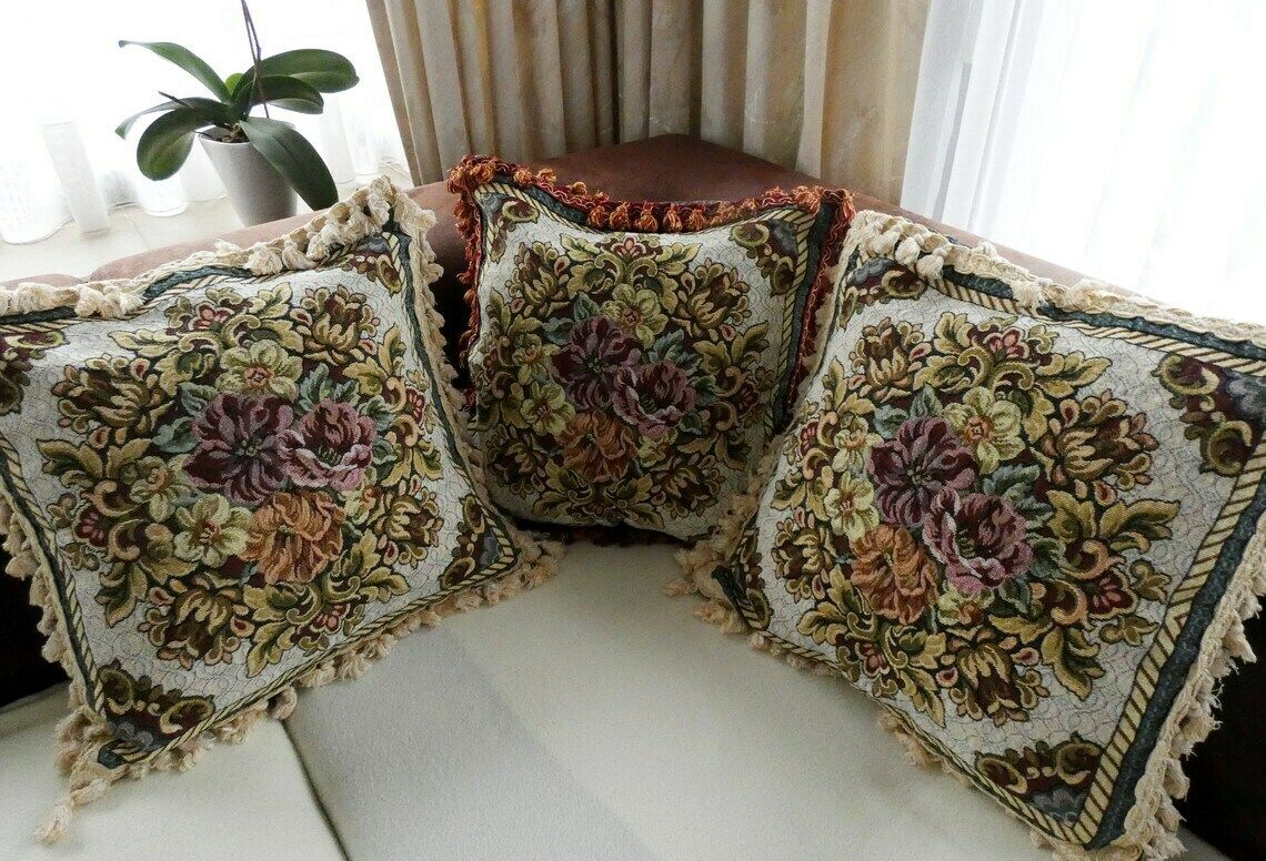 Vintage Large Country Tapestry Cushion Cover, Authentic French Floral Pillow, Tassels And Fringe Pillow, Vintage French Home Decor photo vintage