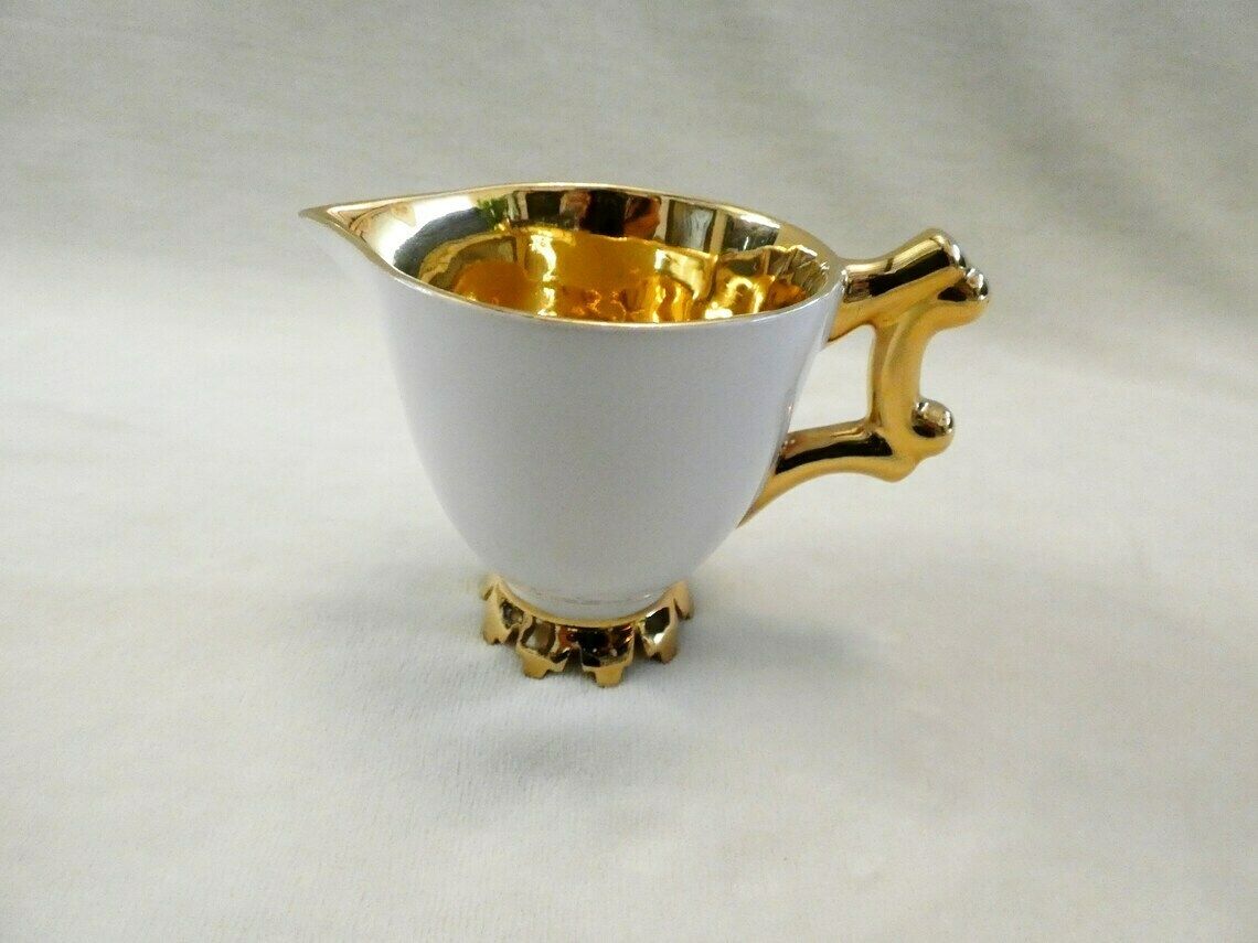 Antiek Italiaans melk-/roomkannetje, vintage wit en 22k goud, wit melkkannetje vintage Italiaans porselein, zeldzaam melkpotje, Italië jaren 1930