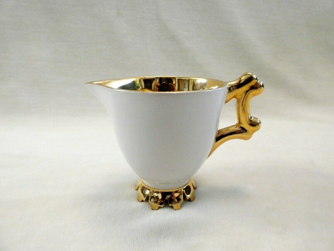 Antiek Italiaans melk-/roomkannetje, vintage wit en 22k goud, wit melkkannetje vintage Italiaans porselein, zeldzaam melkpotje, Italië jaren 1930 photo Woonaccessoires