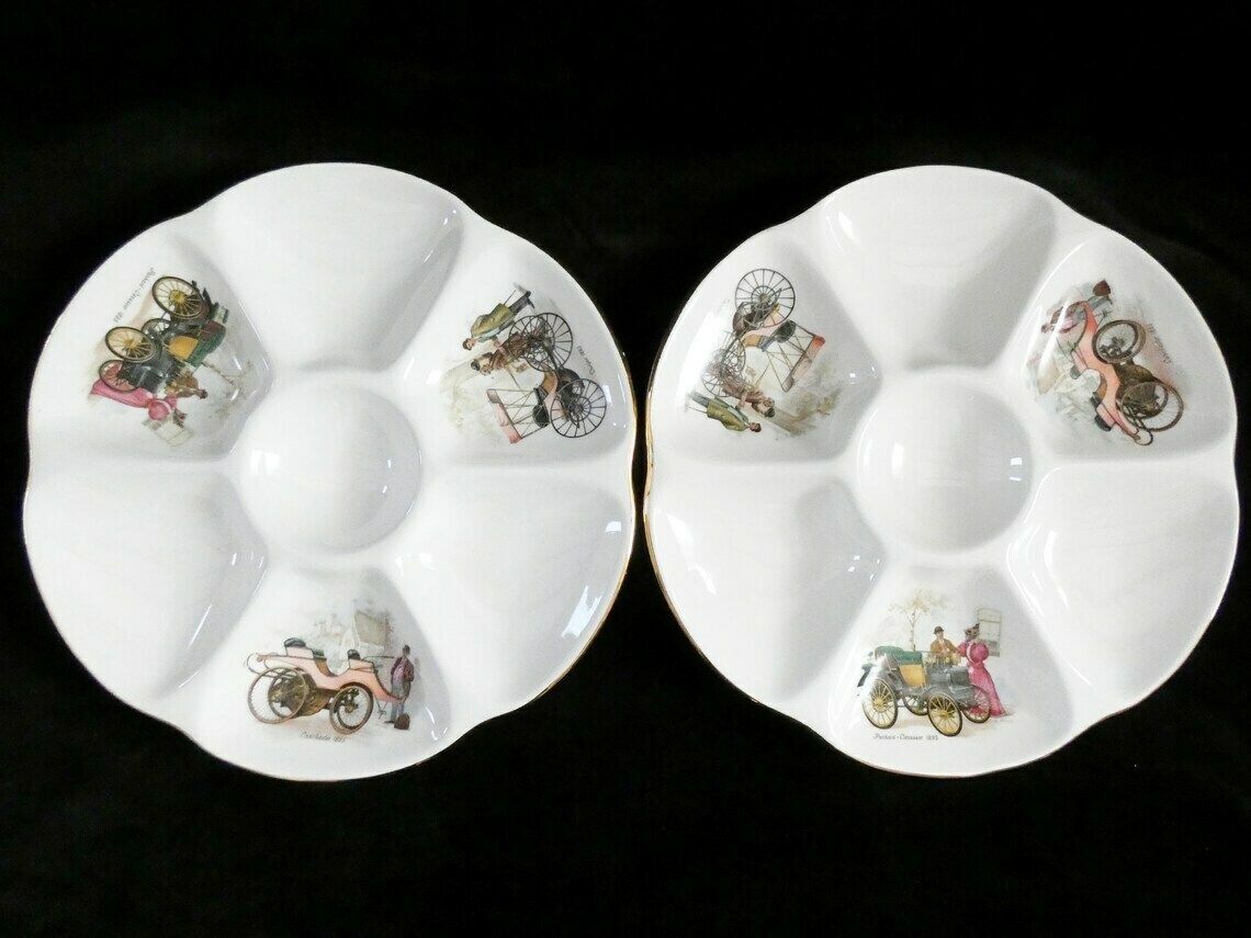 2 Zeldzame Oesterplaten Van Gien, Wit Frans Oesterbord Met Retro Auto Decor, Majolica Aardewerk, Barbotine Oesterplaat, Frankrijk, Jaren 1960