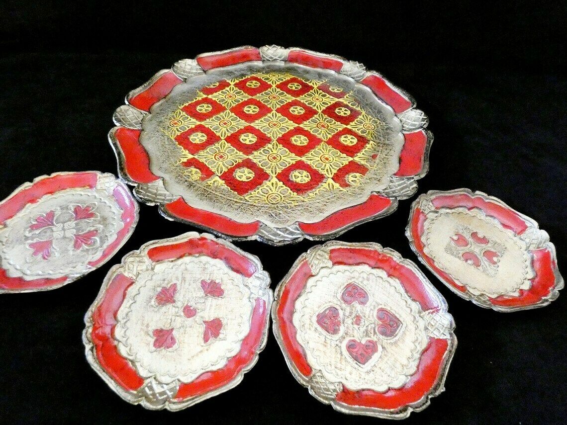 Vintage Italiaans Dienblad Rood/Goud, Retro Florentijns Dienblad In Barokstijl, Italië 1960 photo 62.0