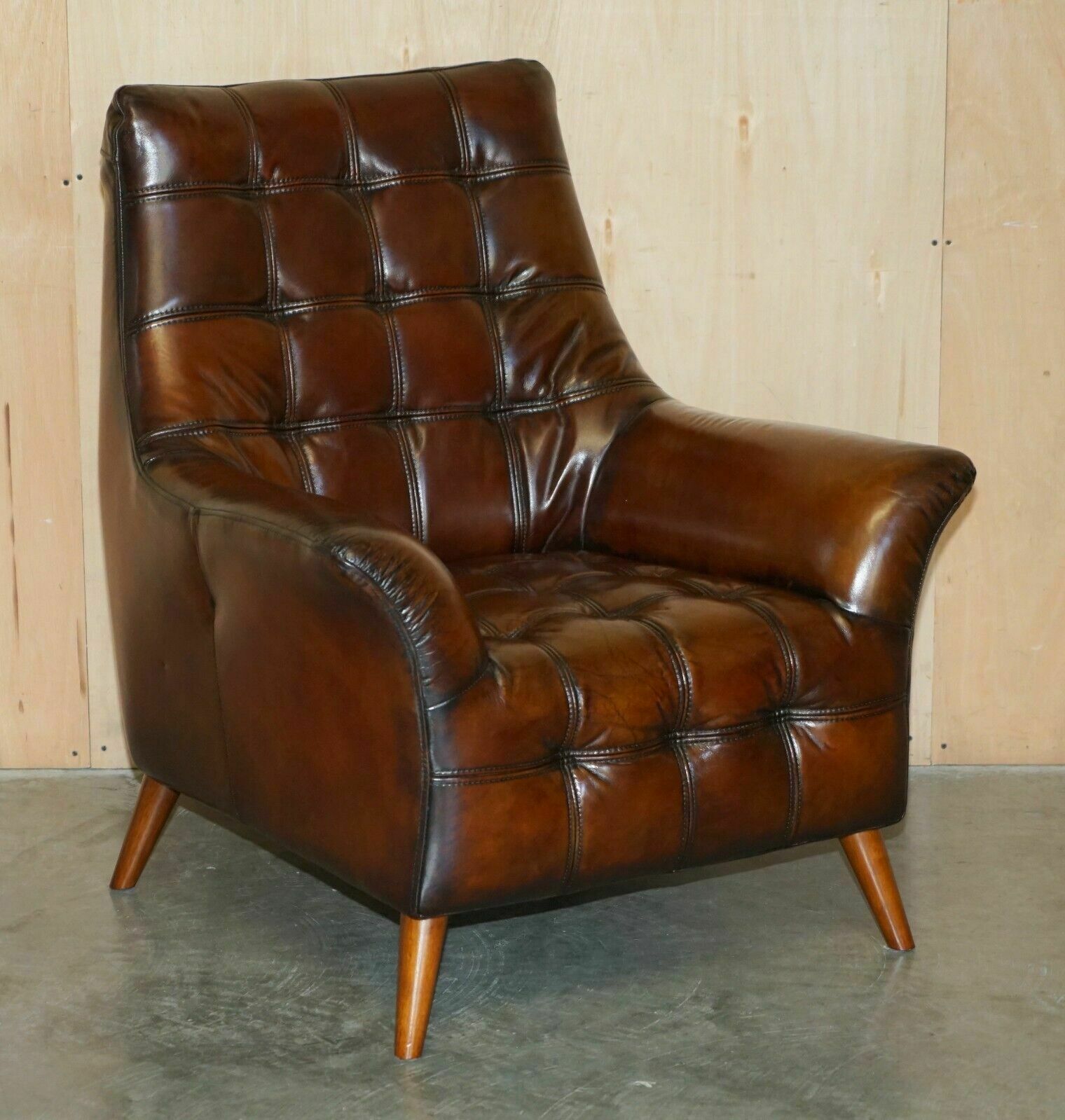 photo vintage Pair Of Fully Restored Hand Dyed Chesterfield Whisky Brown Leather Armchairs
