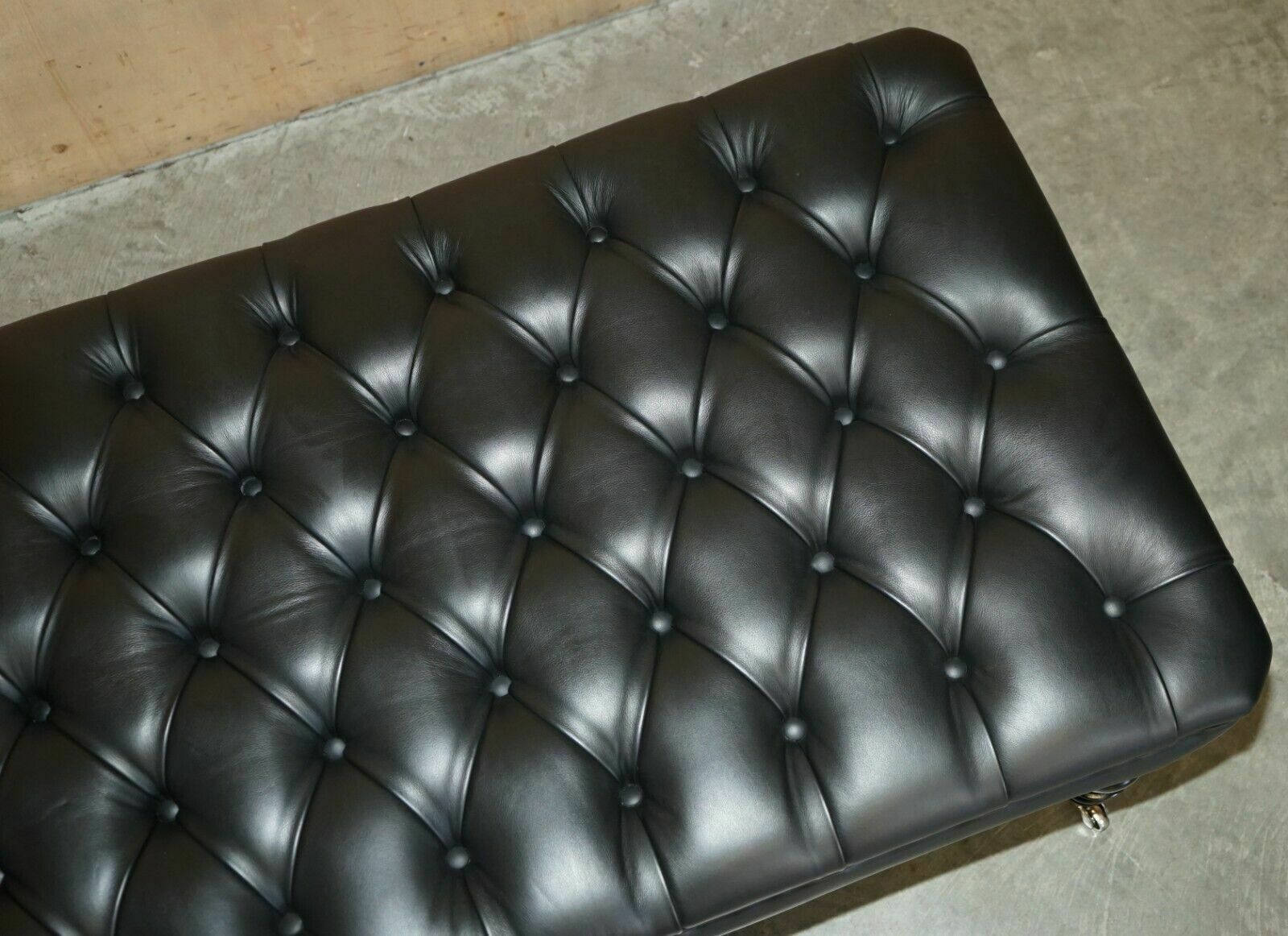 1 Of 2 George Smith Extra Large Chesterfield Black Leather Tufted Footstools photo vintage
