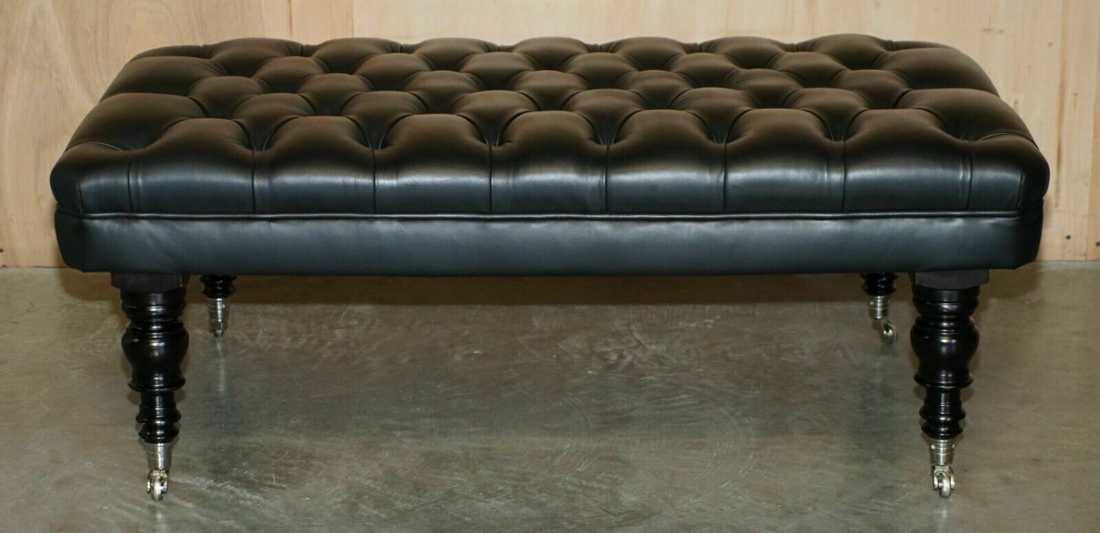 2950.0 1 Of 2 George Smith Extra Large Chesterfield Black Leather Tufted Footstools photo